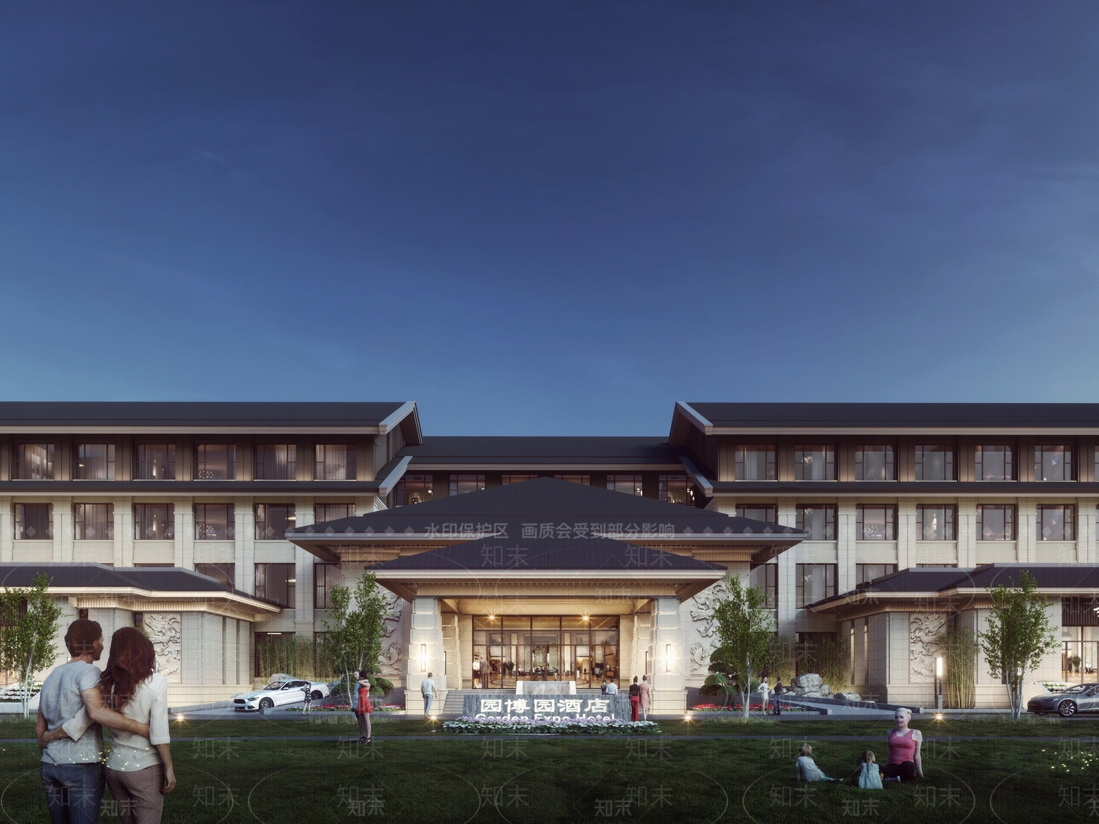 新中式酒店建筑SU模型下载【ID:1202973800】