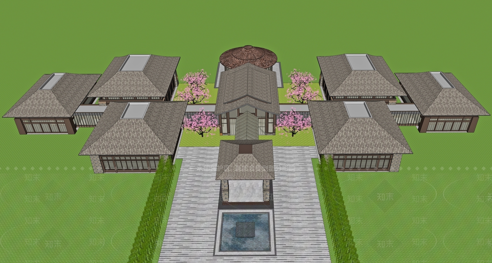 中式展览馆建筑SU模型下载【ID:1202981683】