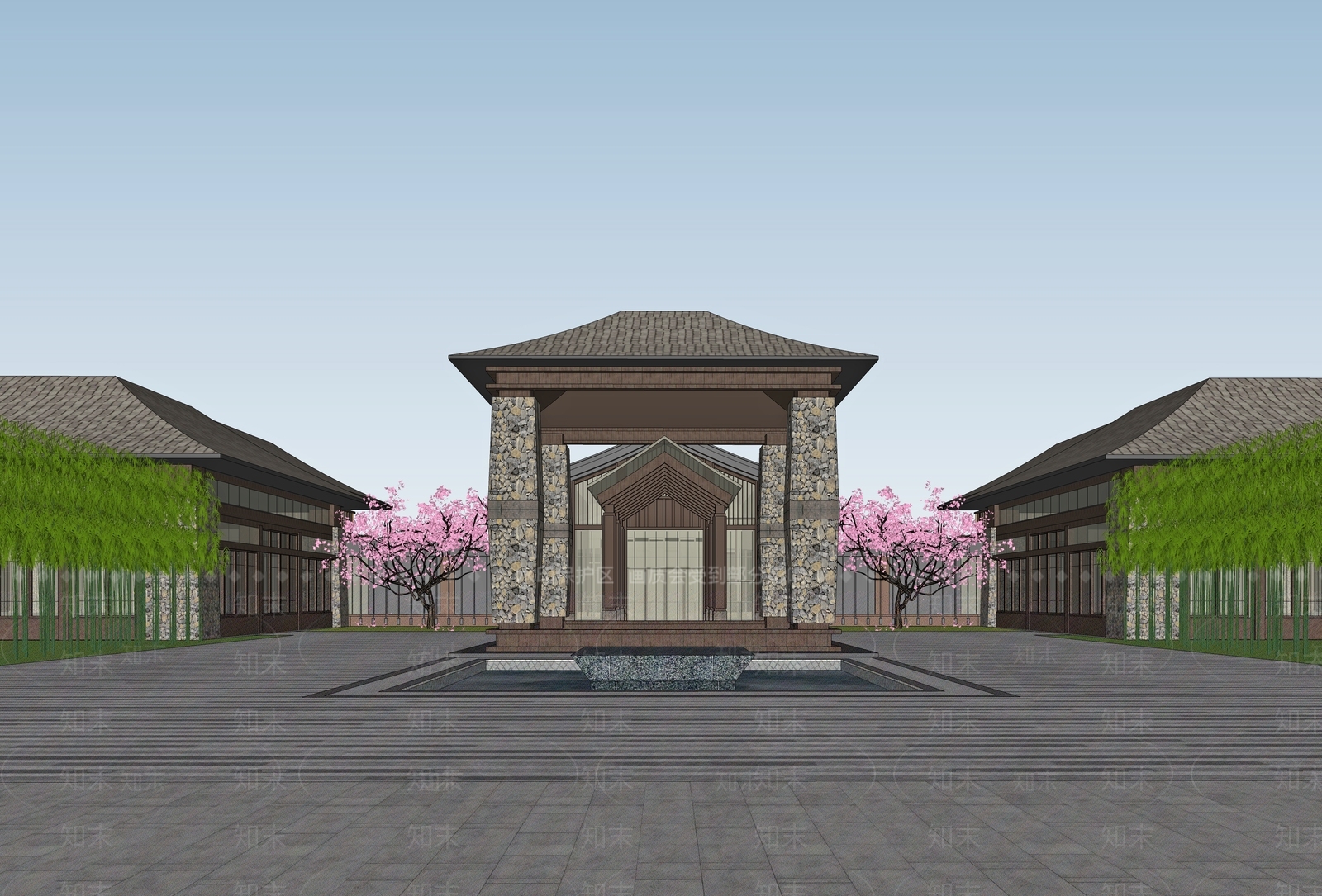 中式展览馆建筑SU模型下载【ID:1202981683】