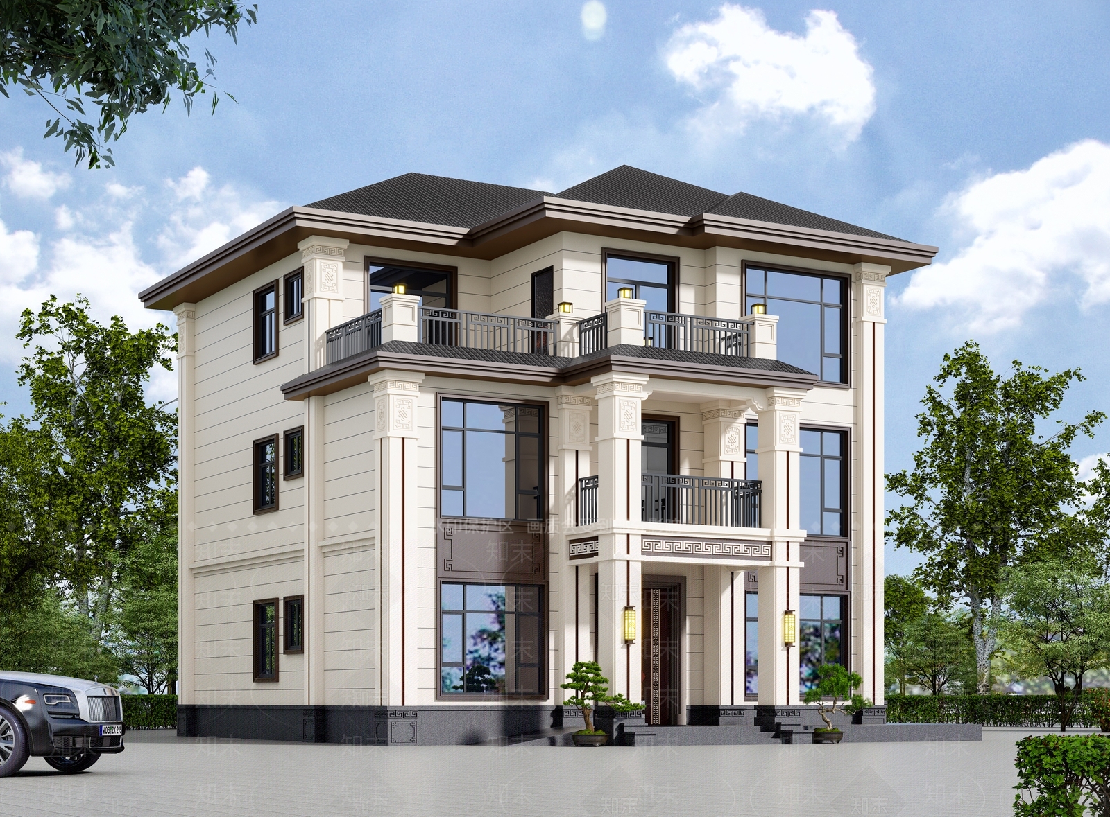 新中式别墅外观3D模型下载【ID:1202991524】