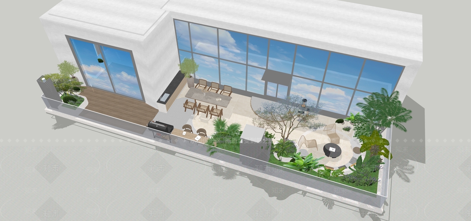 现代奶油屋顶花园SU模型下载【ID:1202999801】