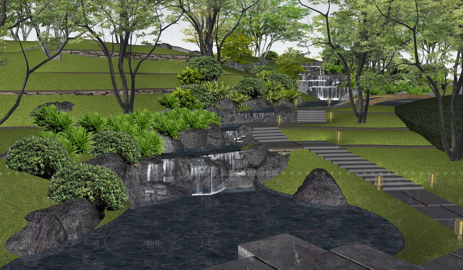 现代新中式滨水景观SU模型下载【ID:1203001055】