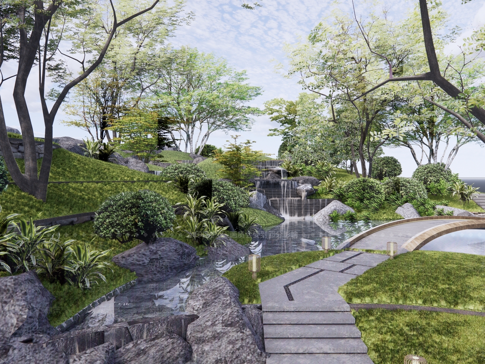 现代新中式滨水景观SU模型下载【ID:1203001055】