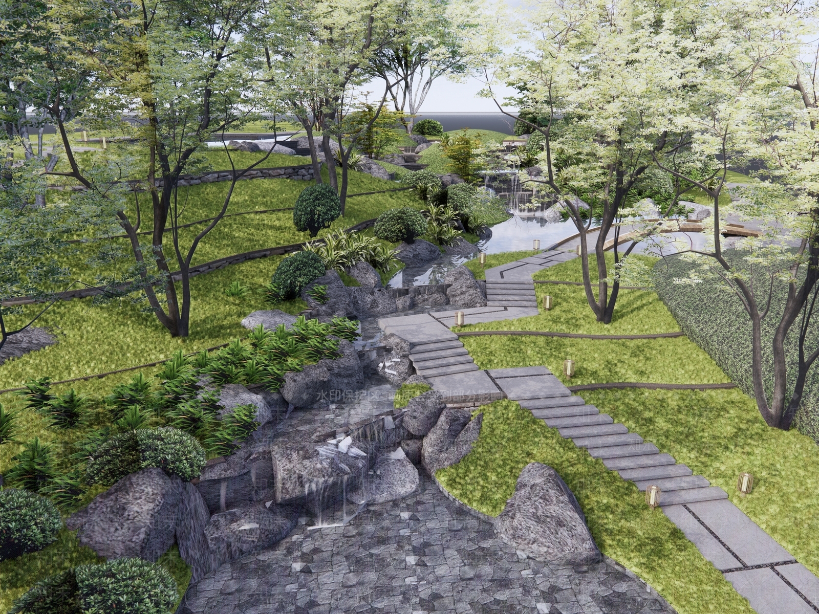 现代新中式滨水景观SU模型下载【ID:1203001055】