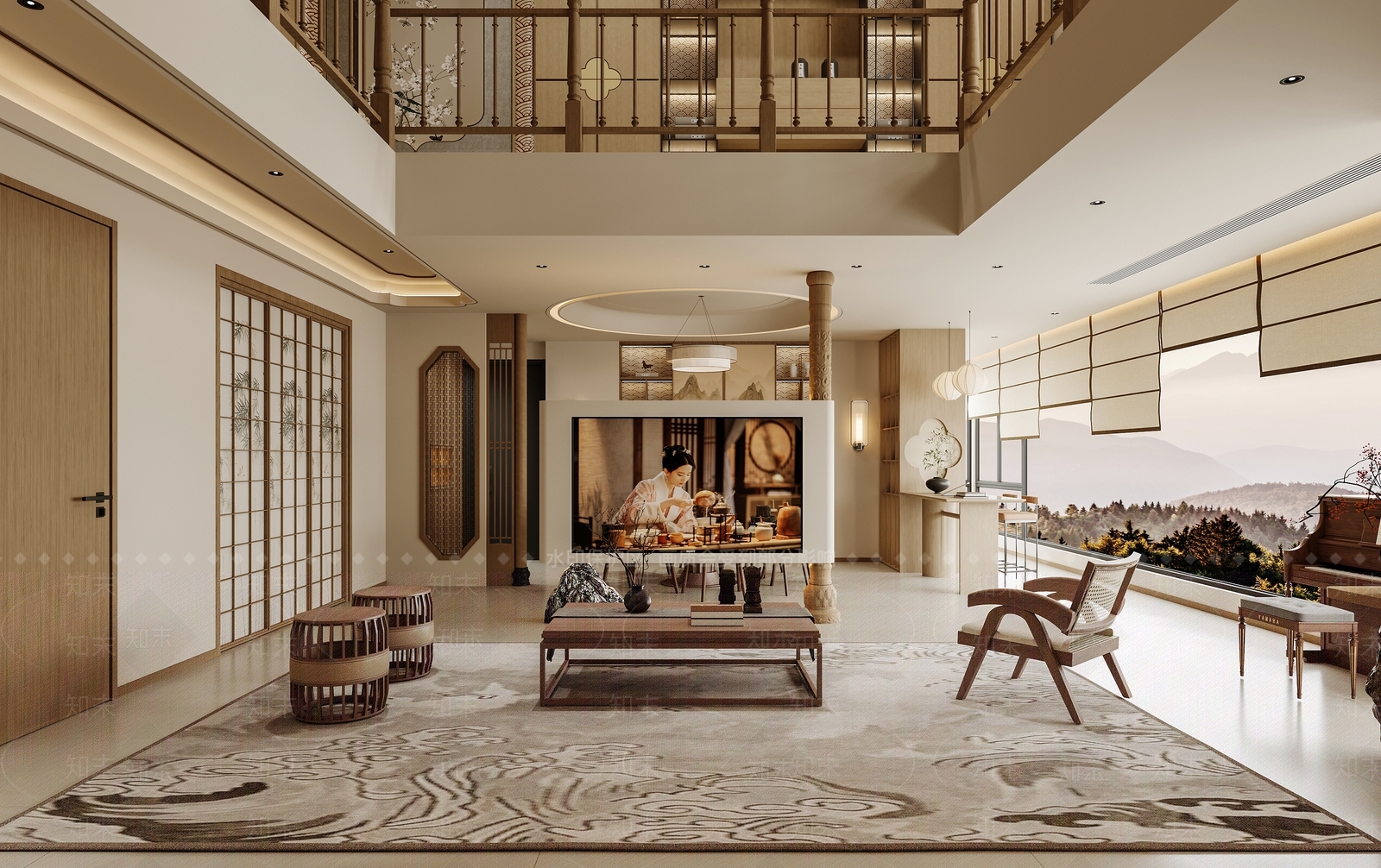 新中式禅意挑空客厅3D模型下载【ID:1203004111】