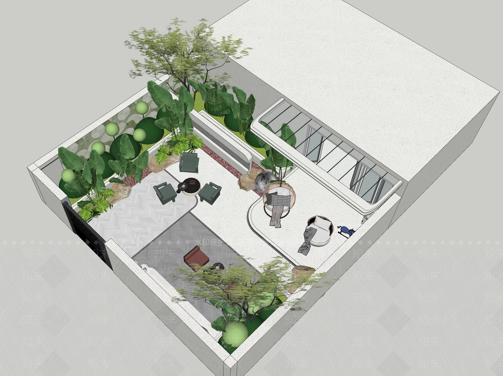 现代奶油别墅庭院SU模型下载【ID:1203007037】
