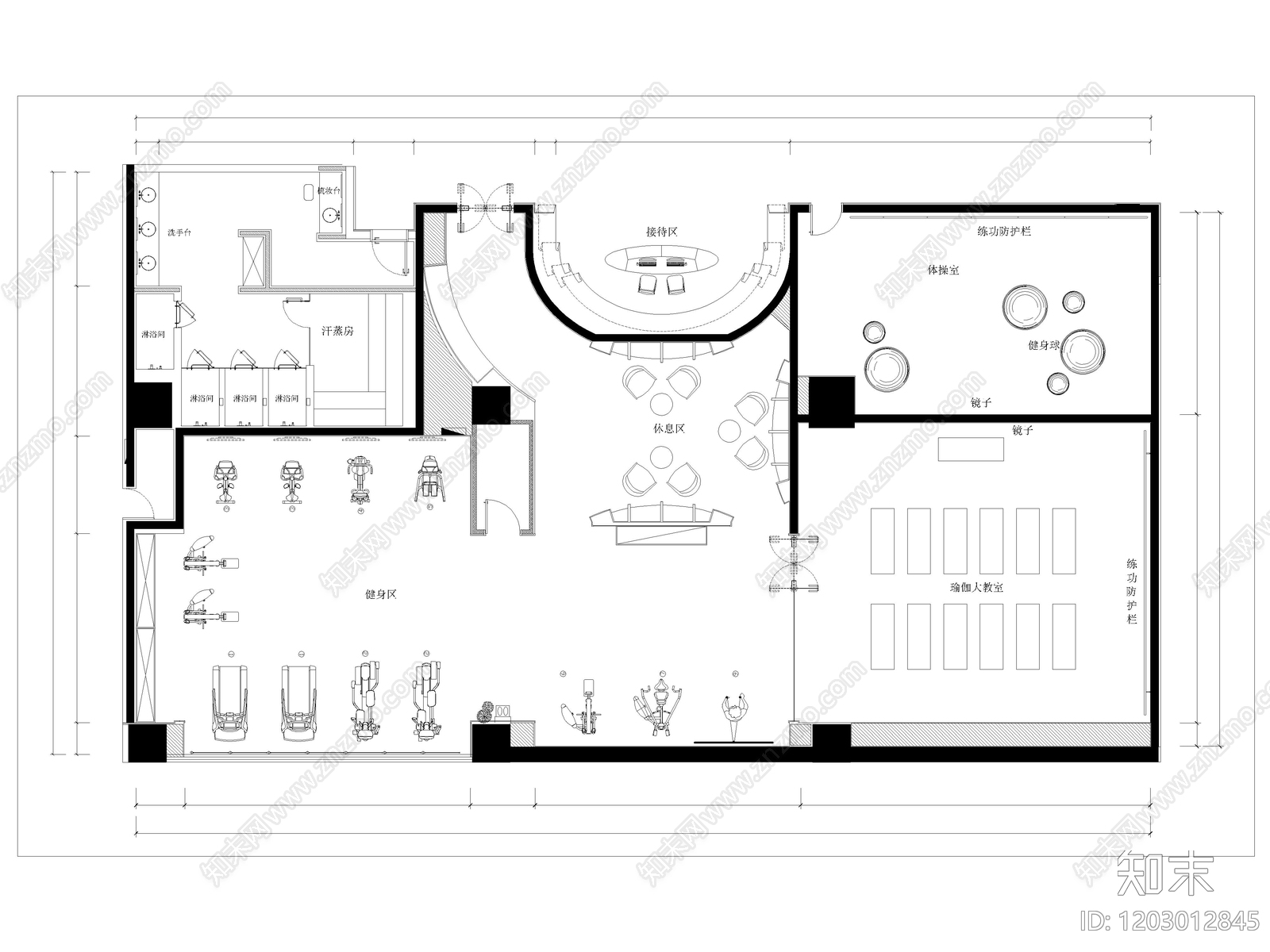 现代健身房cad施工图下载【ID:1203012845】