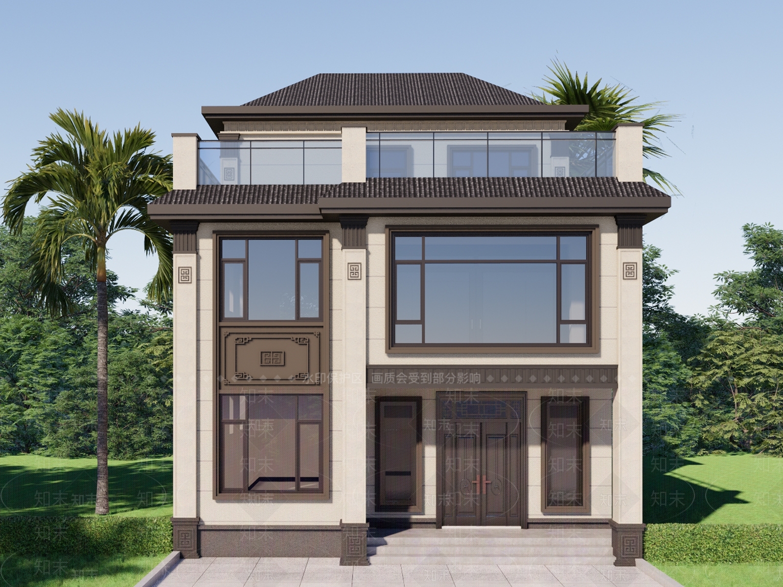 新中式中式独栋别墅SU模型下载【ID:1203020837】
