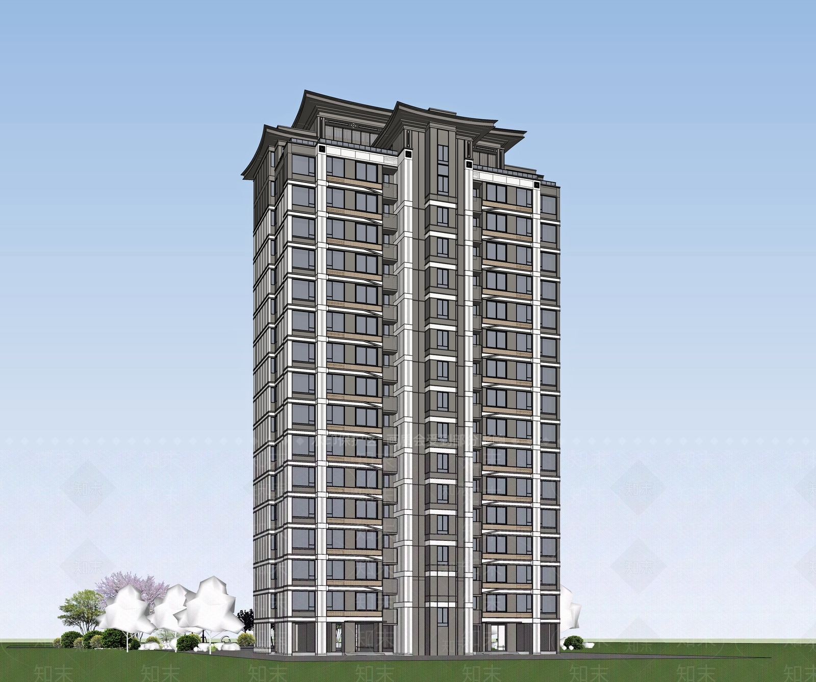 新中式高层住宅SU模型下载【ID:1203026129】