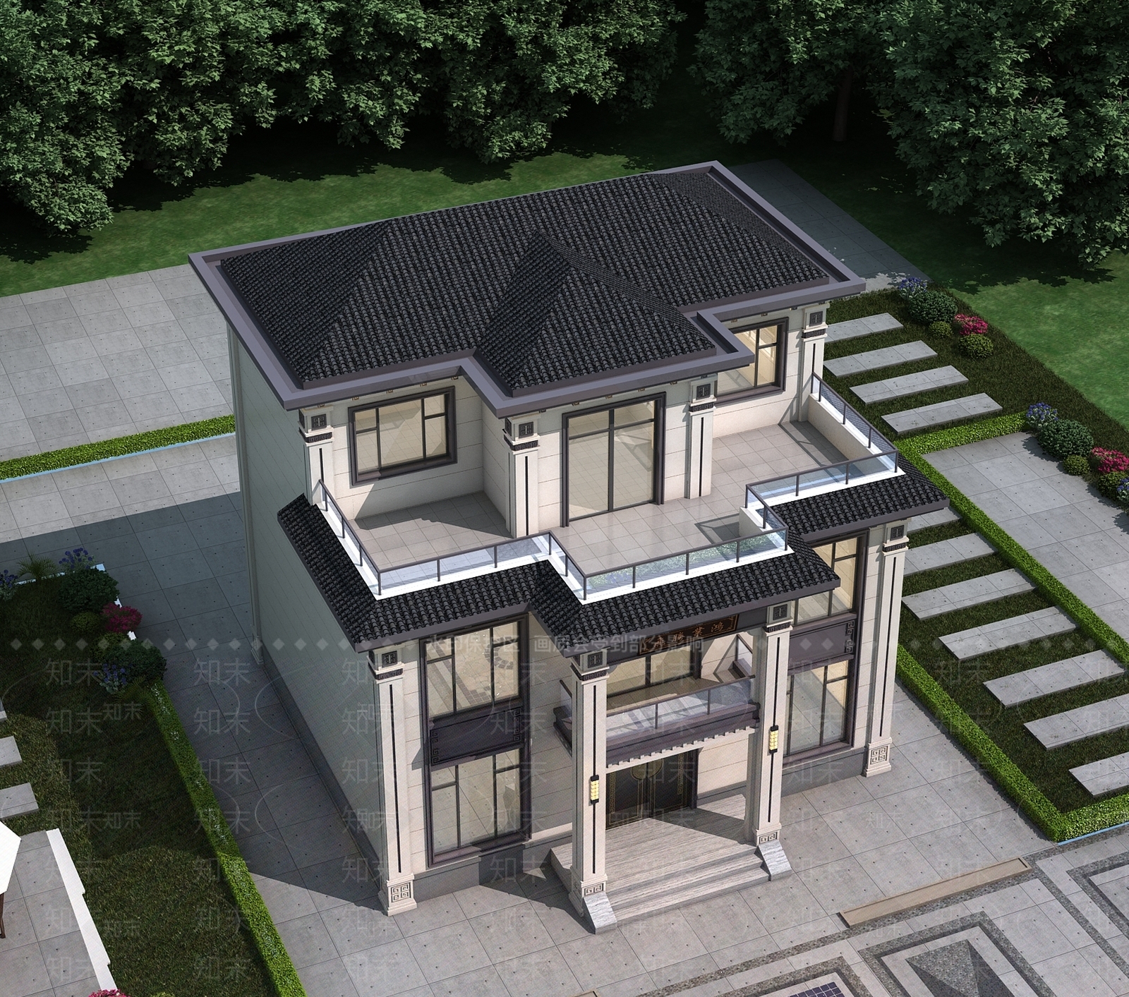 新中式别墅外观3D模型下载【ID:1203030594】