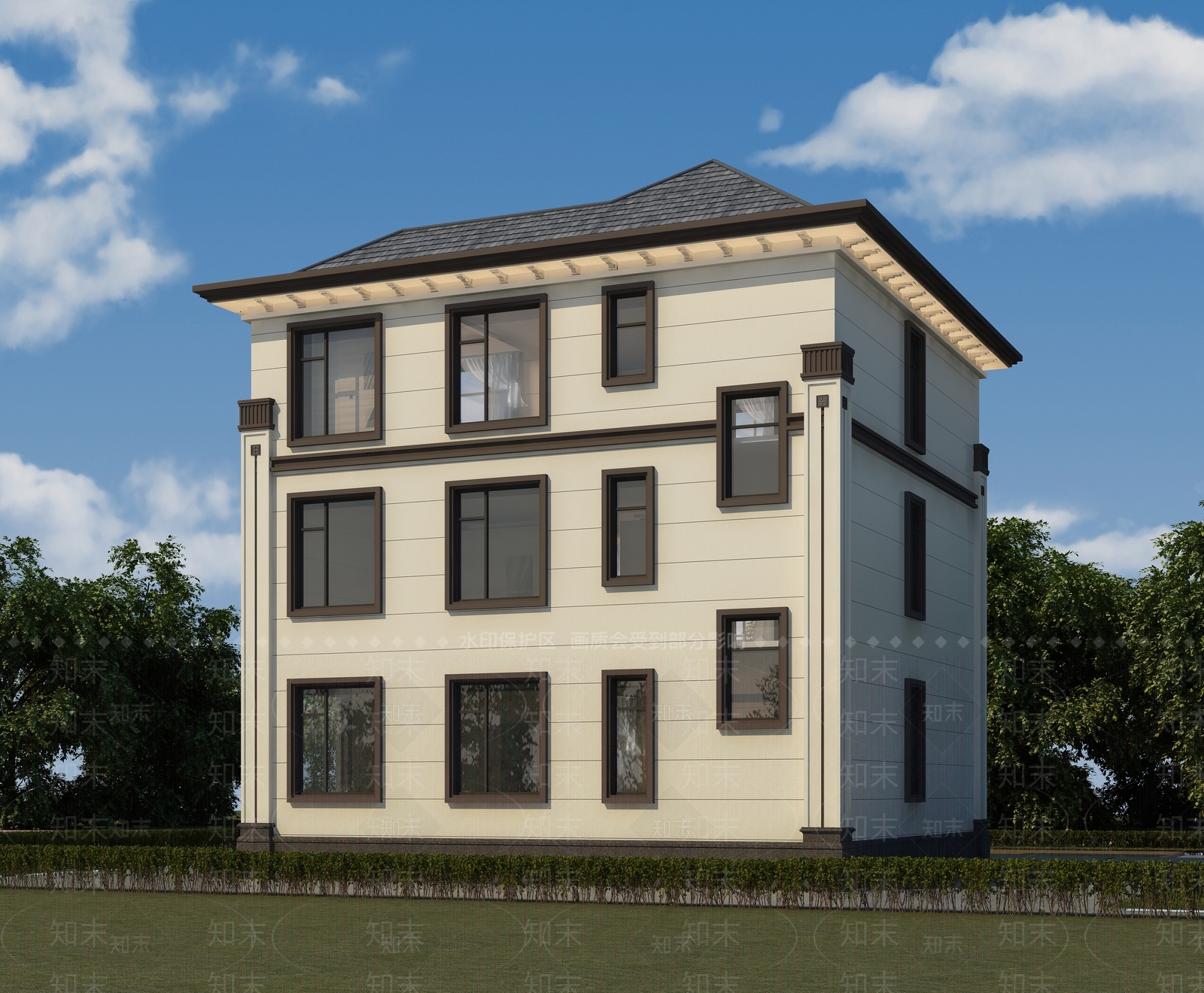 新中式简欧别墅外观3D模型下载【ID:1203030938】