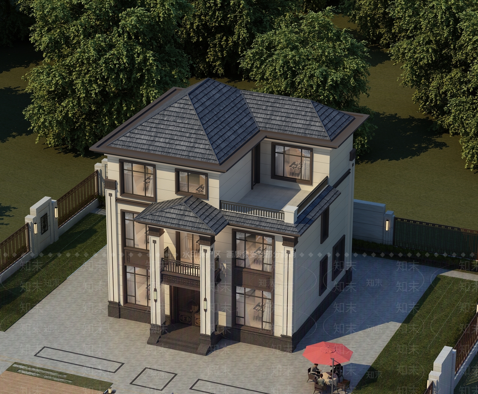 新中式简欧别墅外观3D模型下载【ID:1203030938】