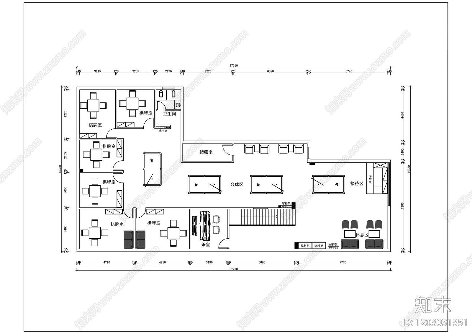 现代简约棋牌室cad施工图下载【ID:1203031351】