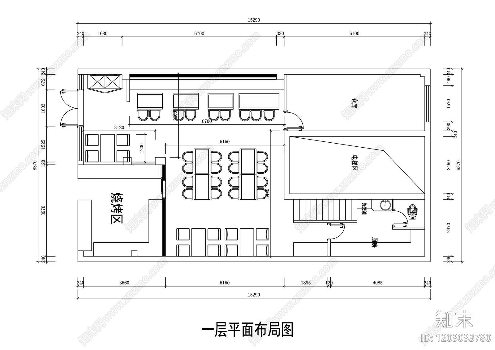 现代简约烤肉店施工图下载【ID:1203033780】