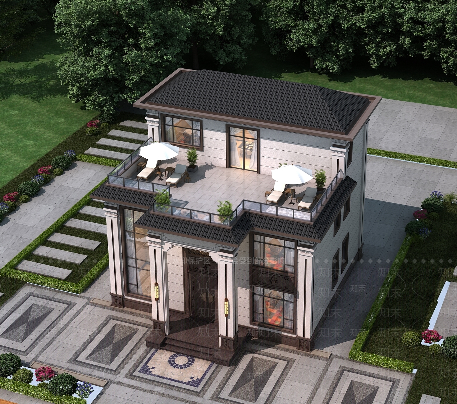 新中式复古别墅外观3D模型下载【ID:1203033883】