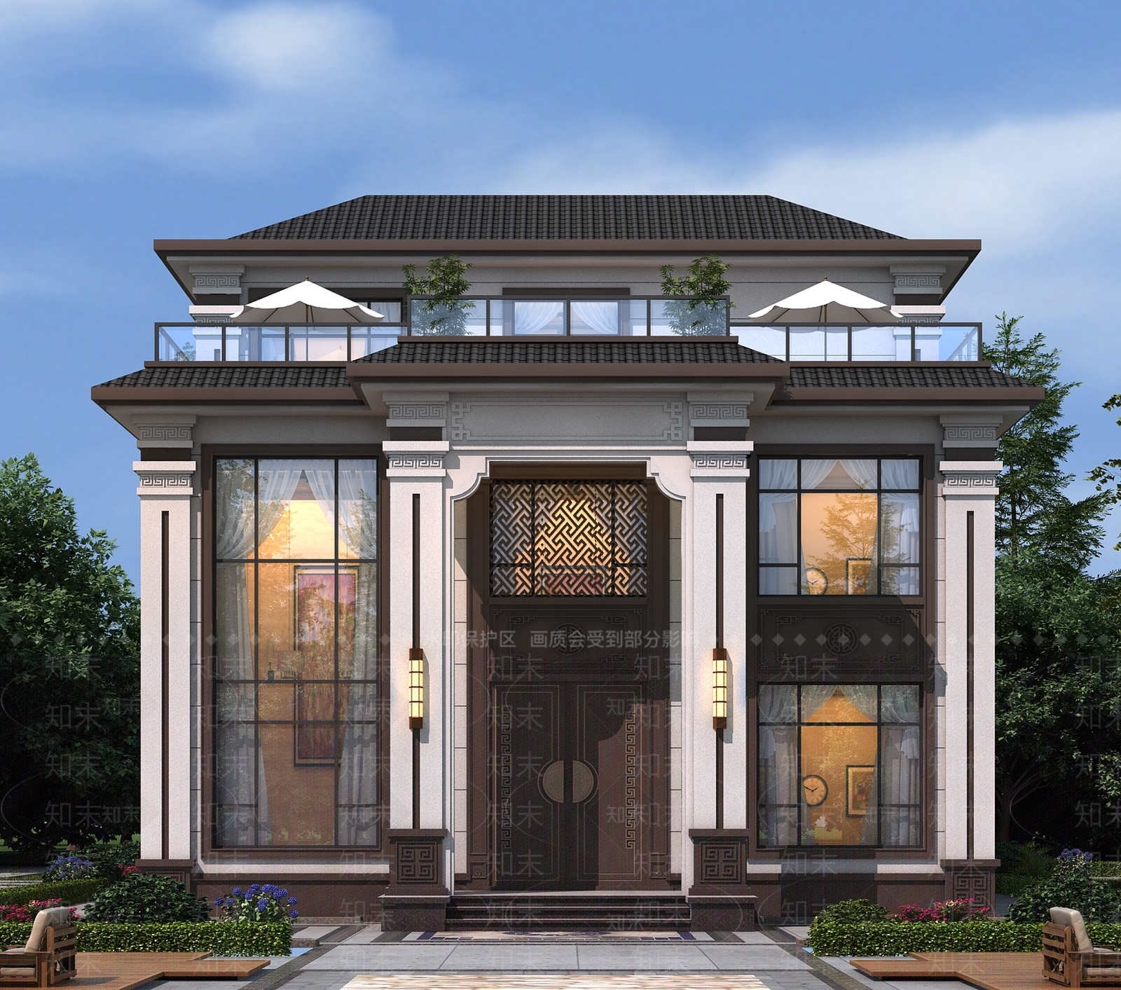 新中式复古别墅外观3D模型下载【ID:1203033883】