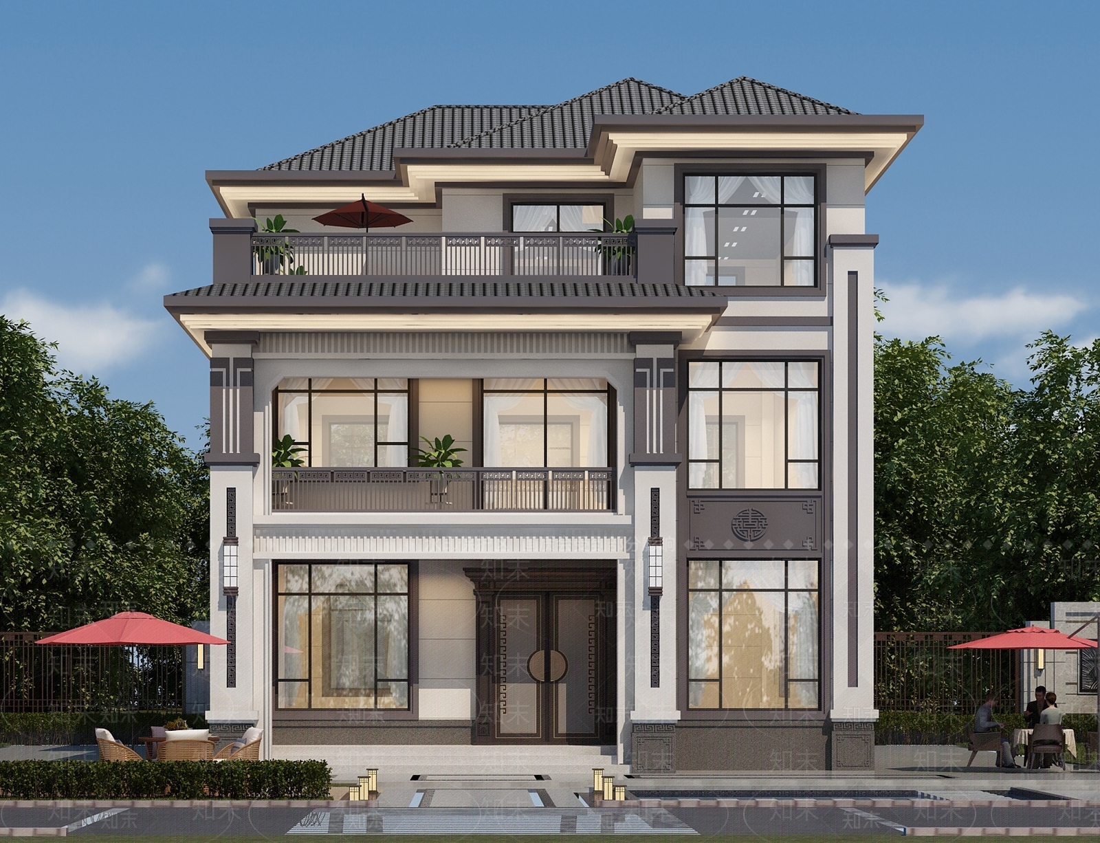 新中式中古别墅外观3D模型下载【ID:1203034549】