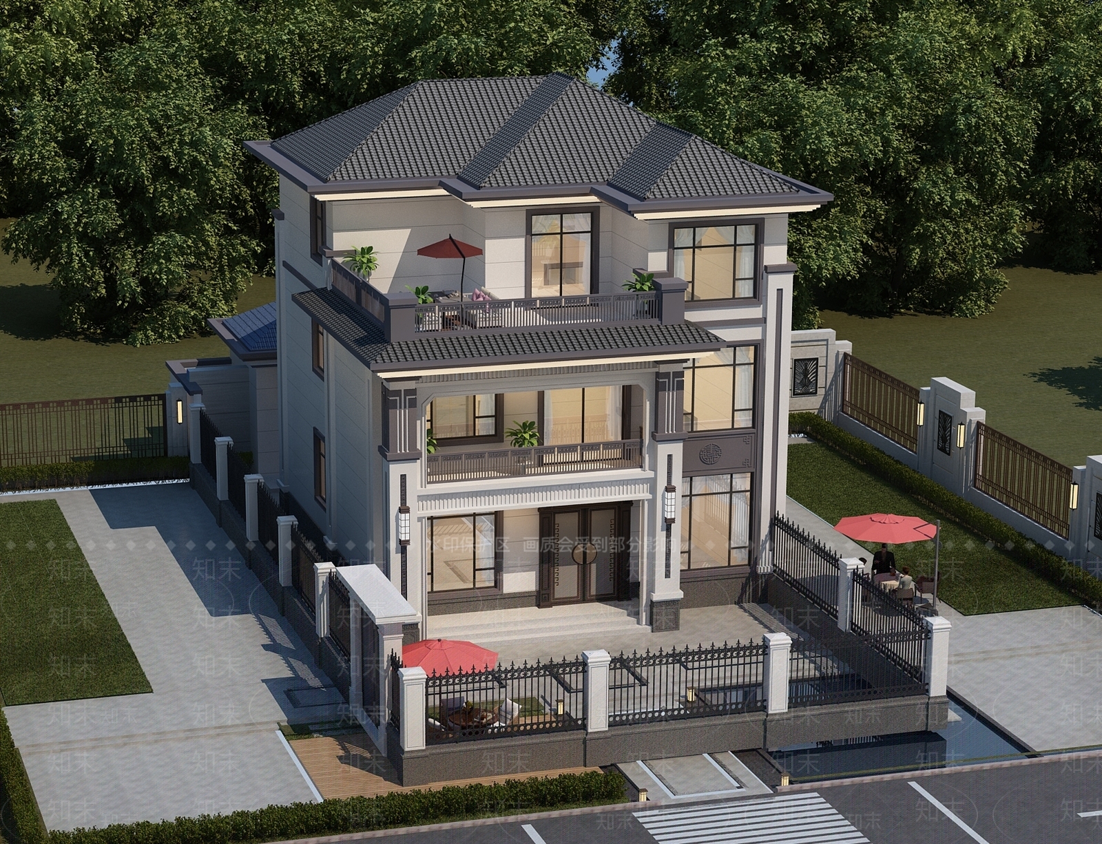 新中式中古别墅外观3D模型下载【ID:1203034549】