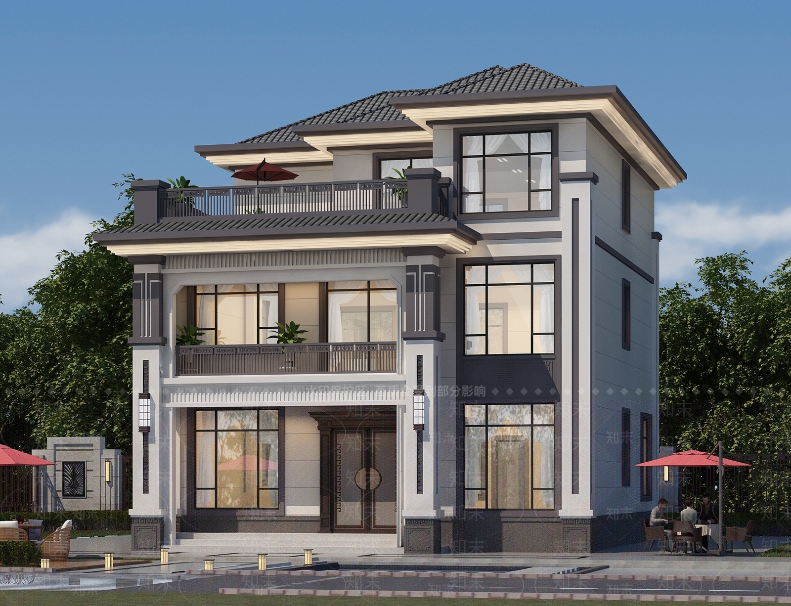 新中式中古别墅外观3D模型下载【ID:1203034549】