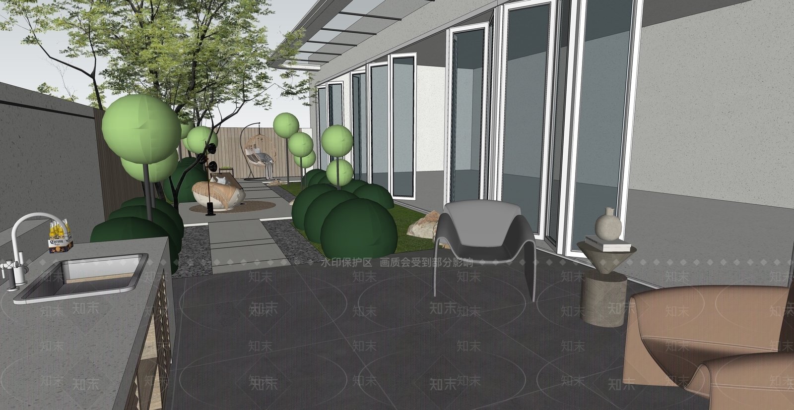 现代奶油别墅庭院SU模型下载【ID:1203042657】