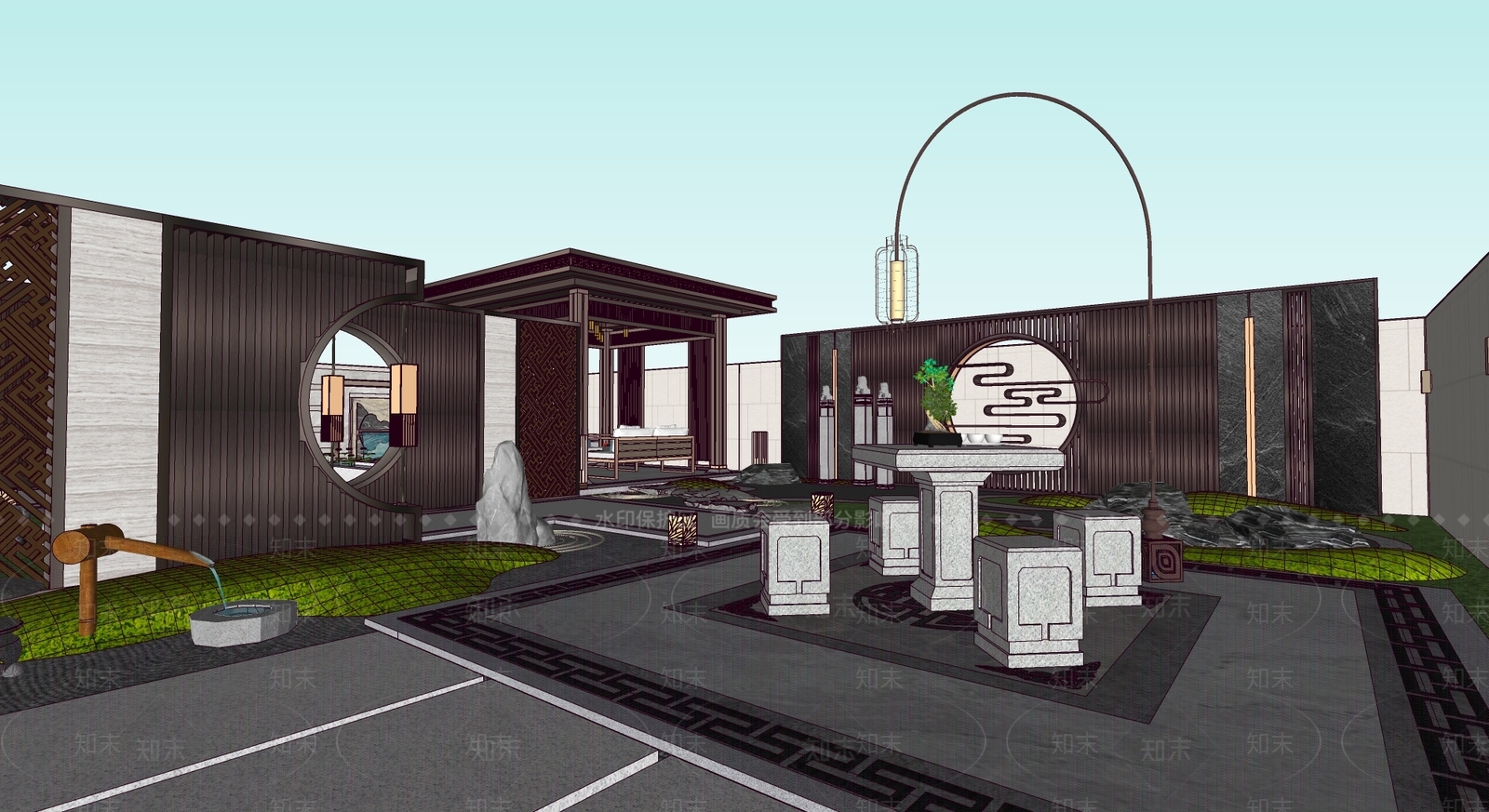新中式别墅庭院SU模型下载【ID:1203077870】