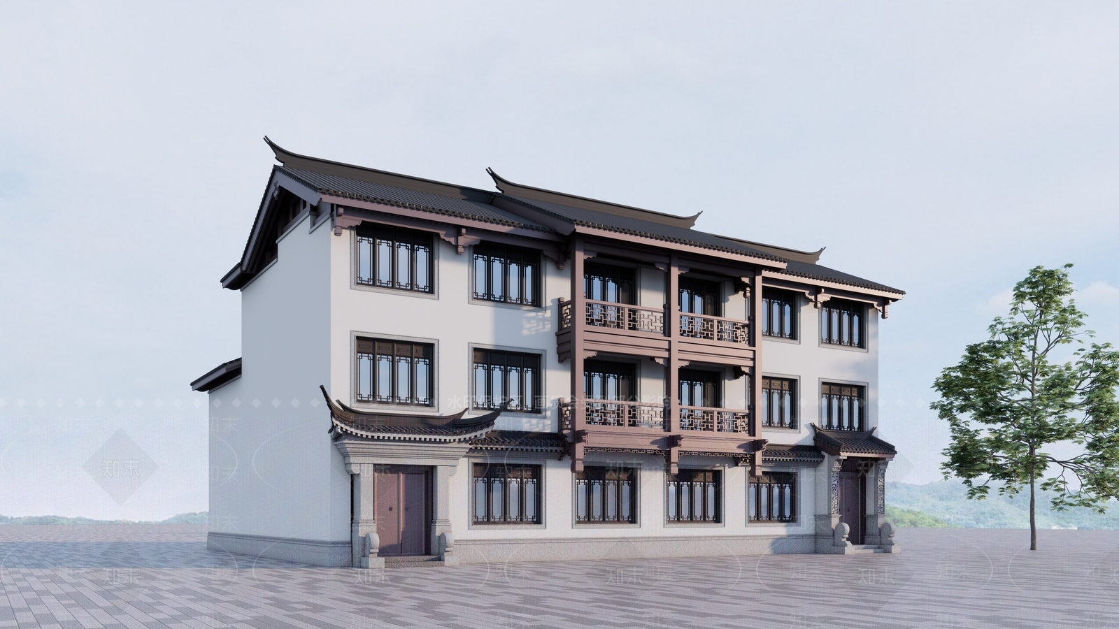 新中式现代民宿建筑SU模型下载【ID:1203081530】