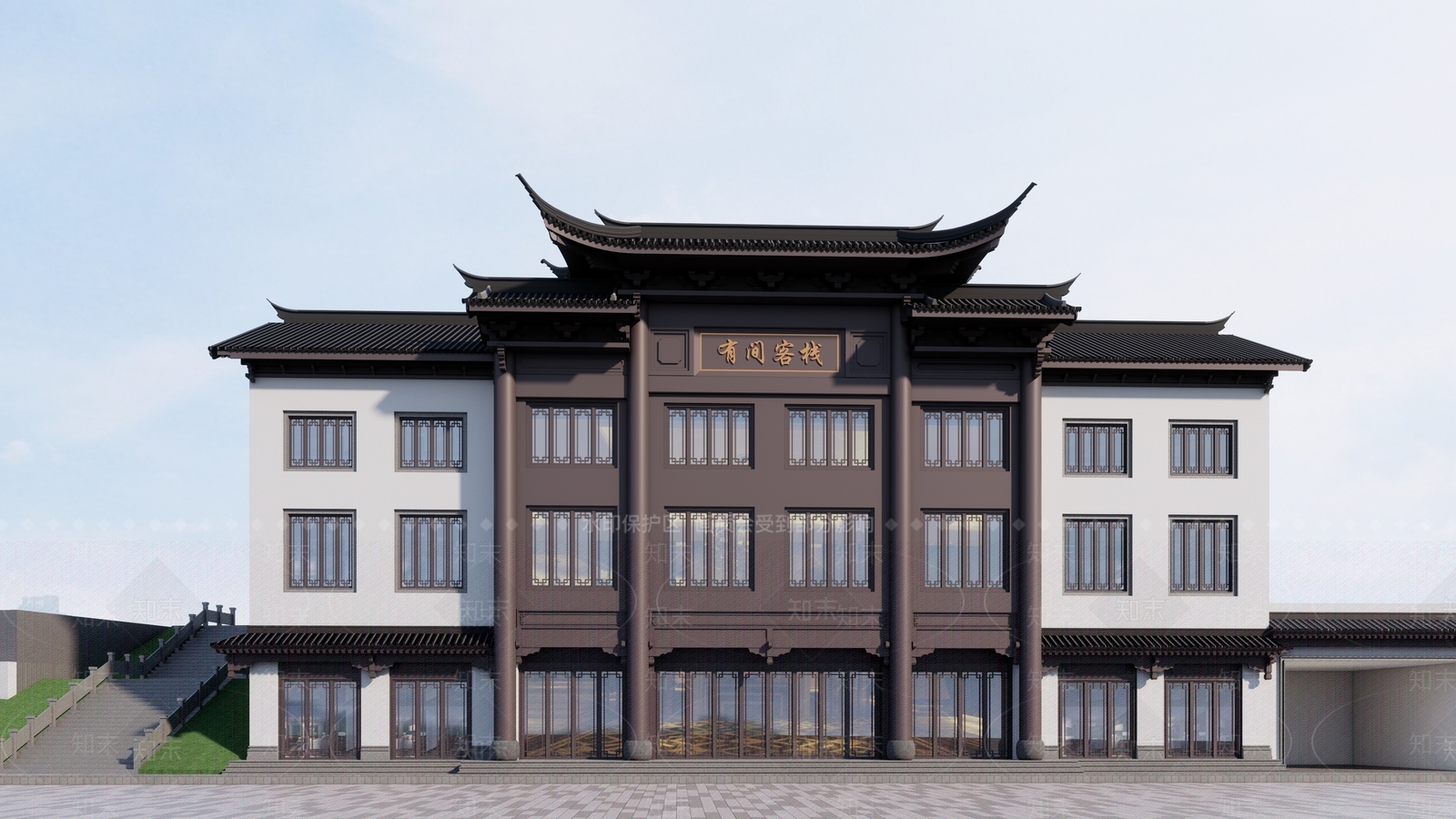 新中式现代酒店建筑SU模型下载【ID:1203081563】