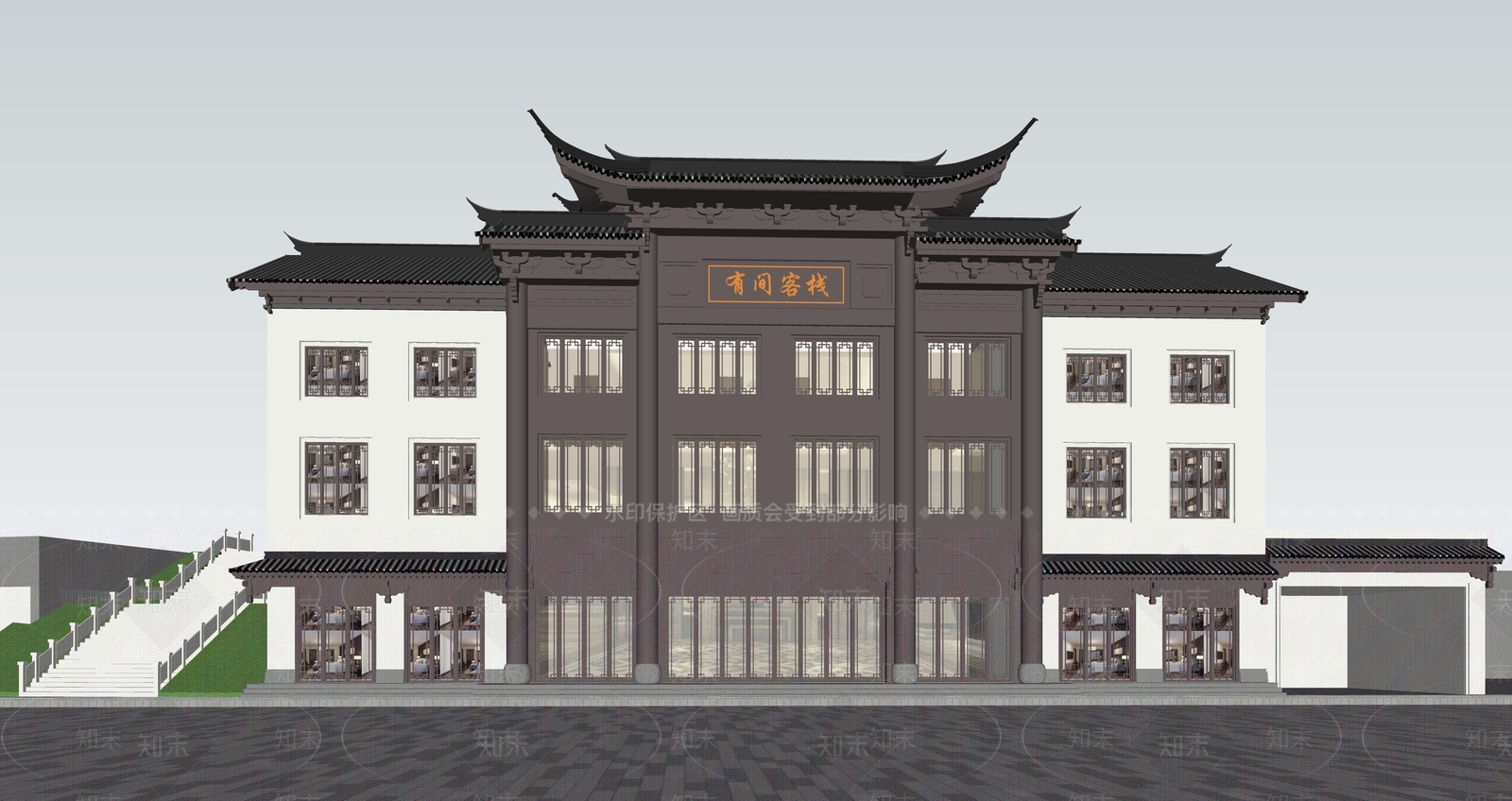 新中式现代酒店建筑SU模型下载【ID:1203081563】