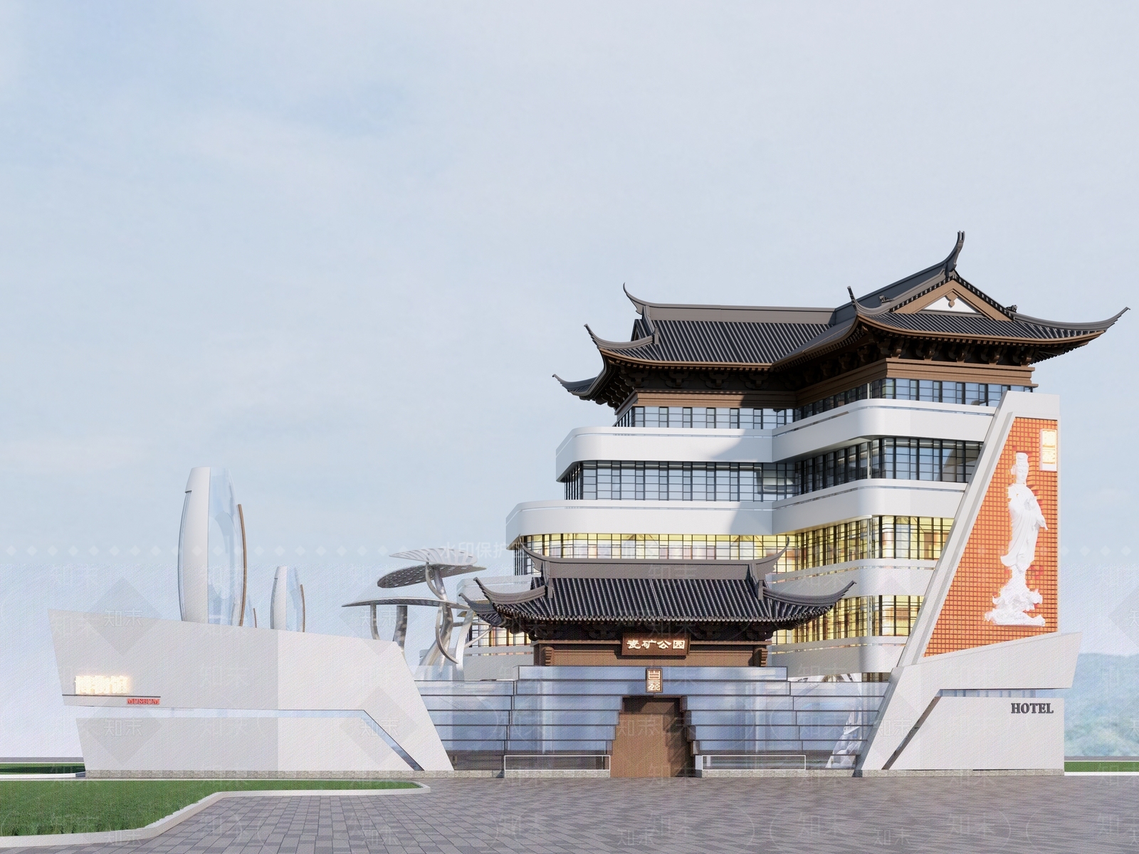 新中式现代酒店建筑SU模型下载【ID:1203081504】