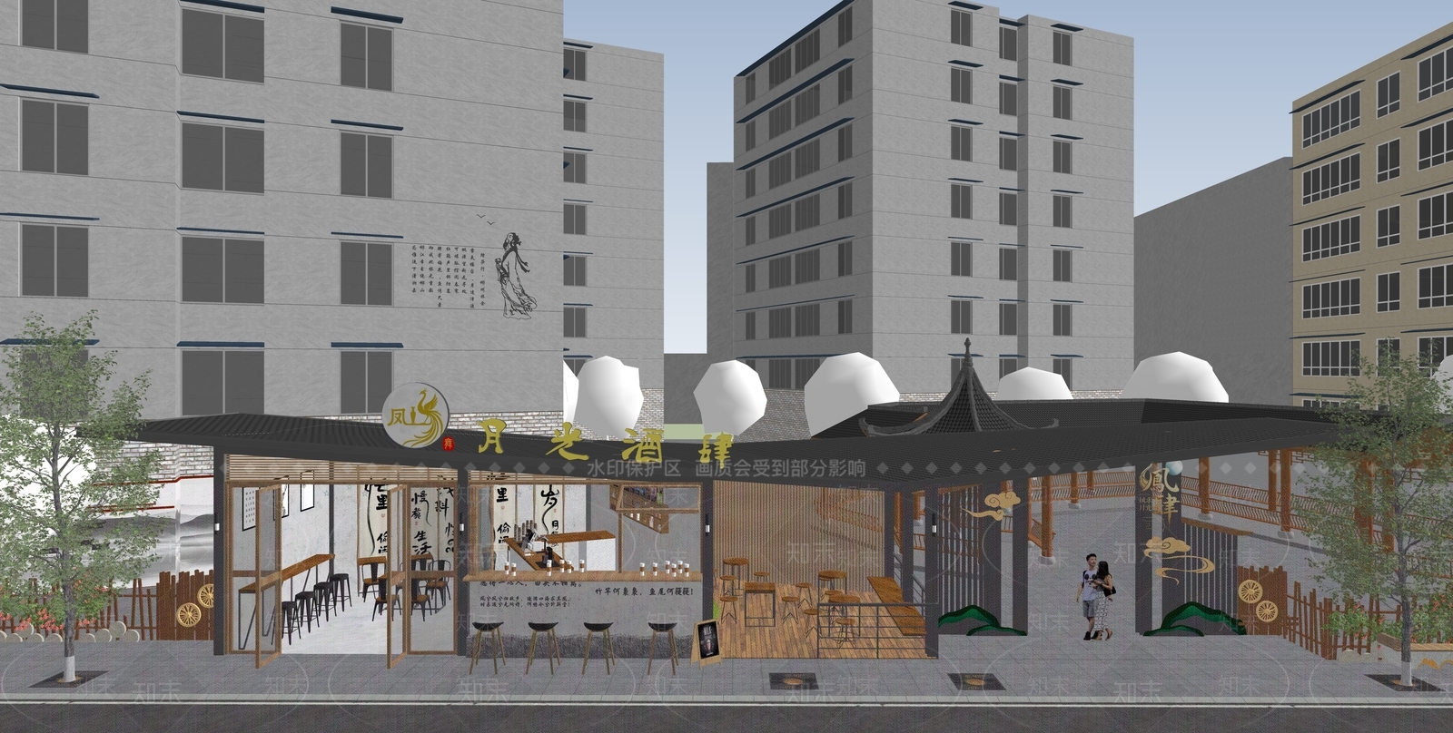 新中式餐饮建筑SU模型下载【ID:1203101934】