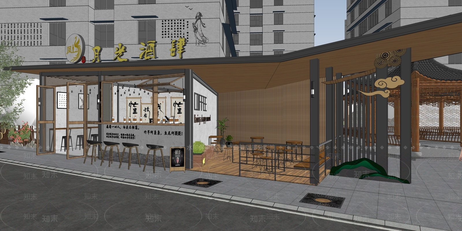 新中式餐饮建筑SU模型下载【ID:1203101934】
