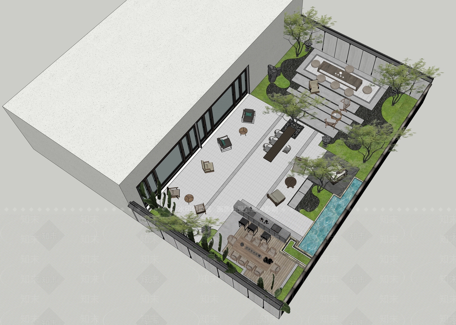 新中式现代别墅庭院SU模型下载【ID:1203108143】