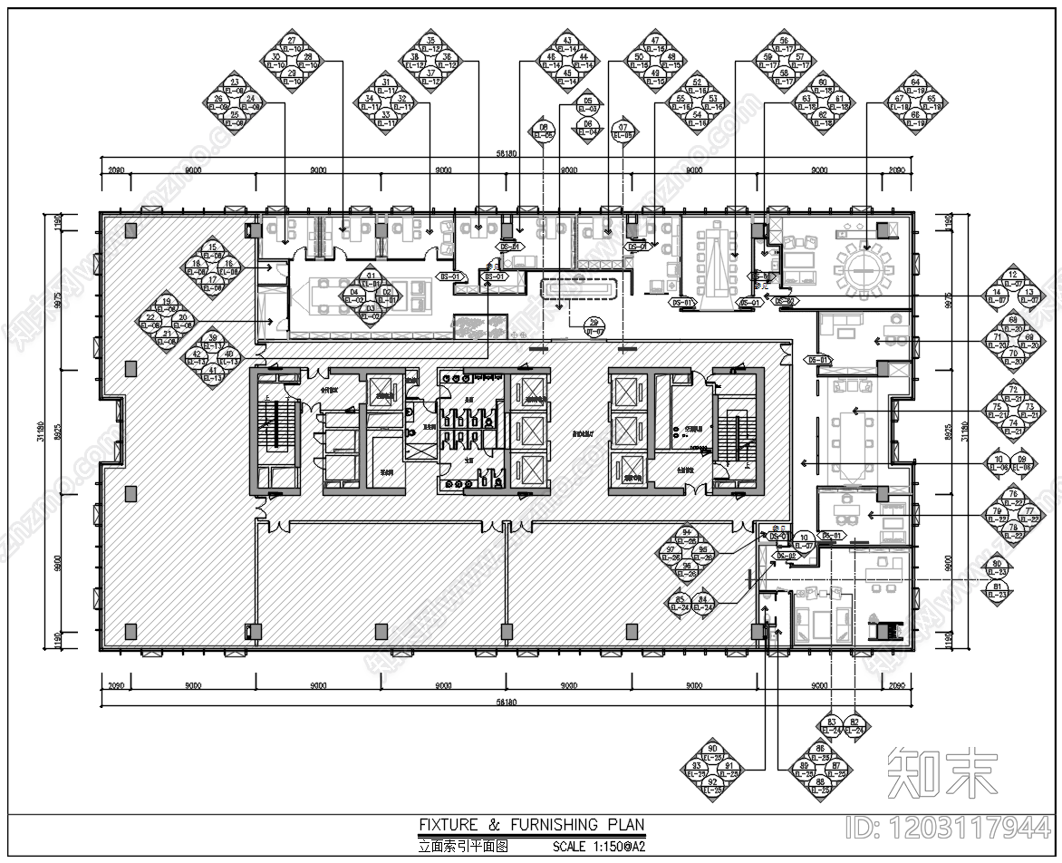 简约新中式独立办公室cad施工图下载【ID:1203117944】