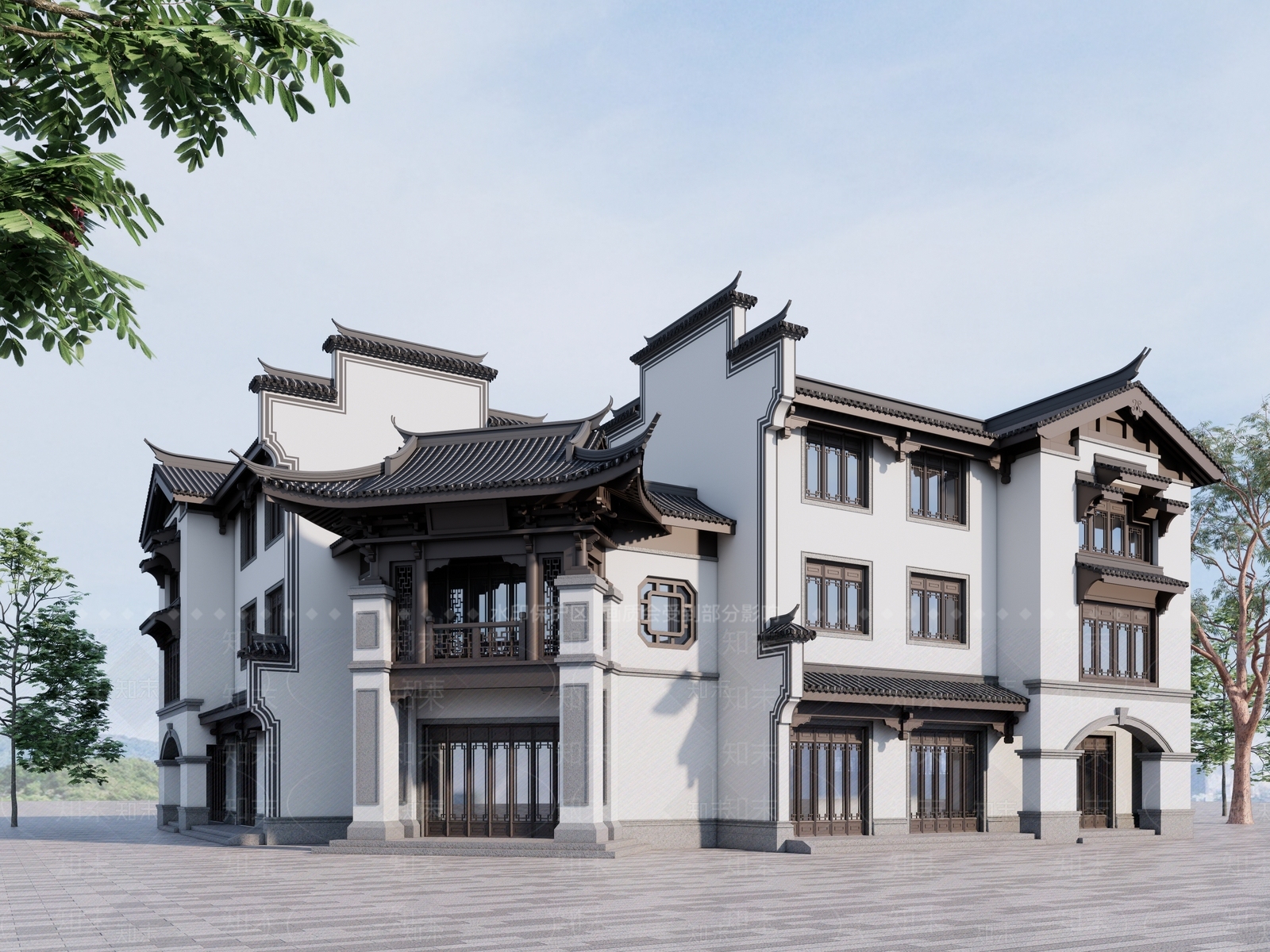 新中式现代酒店建筑SU模型下载【ID:1203122273】