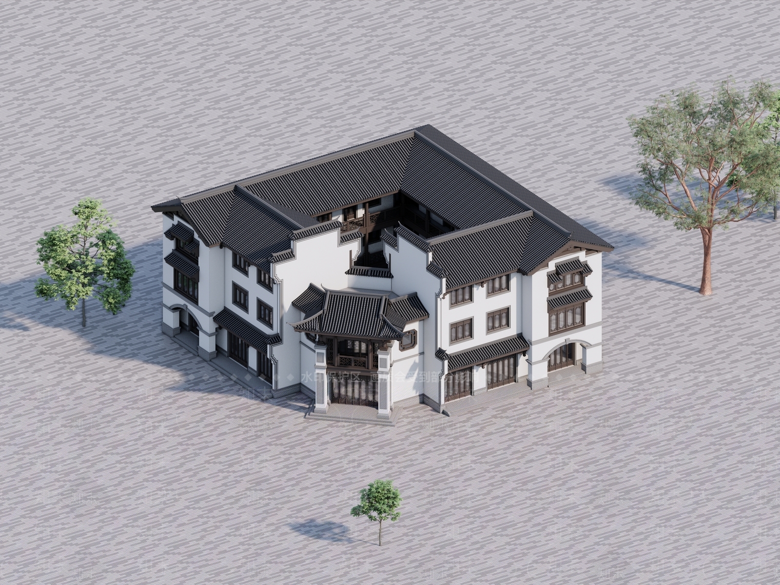 新中式现代酒店建筑SU模型下载【ID:1203122273】