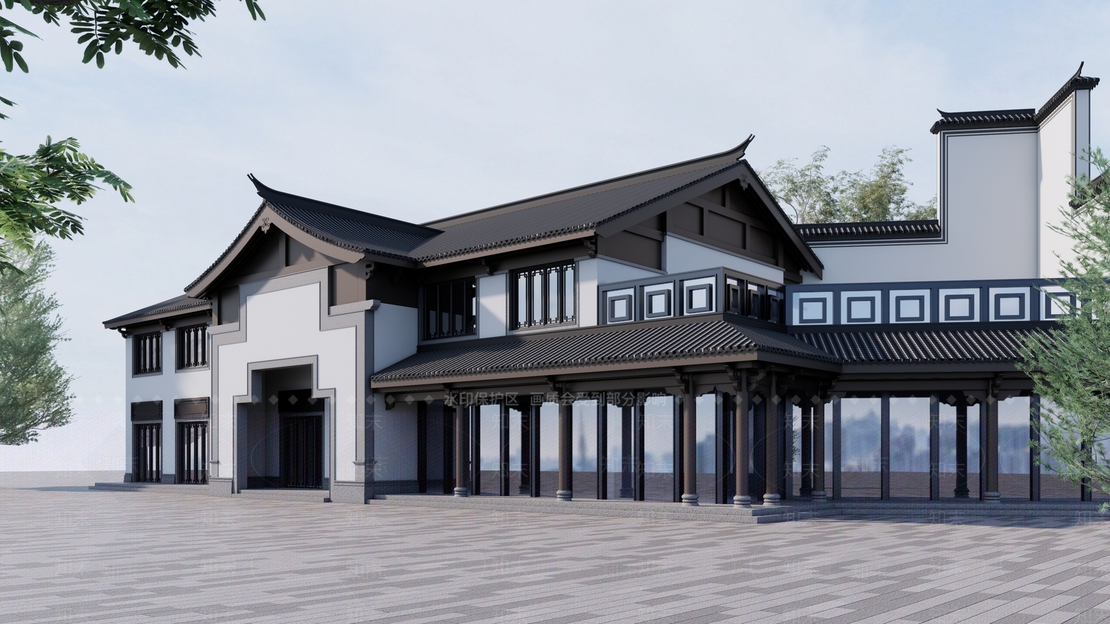 新中式现代餐饮建筑SU模型下载【ID:1203122289】