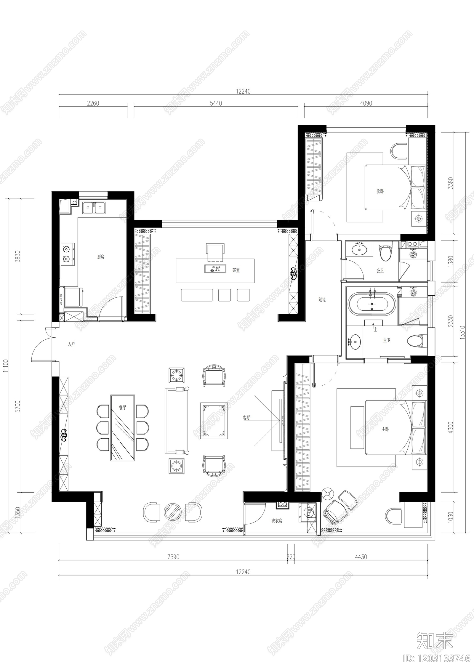 小户型平层施工图下载【ID:1203133746】