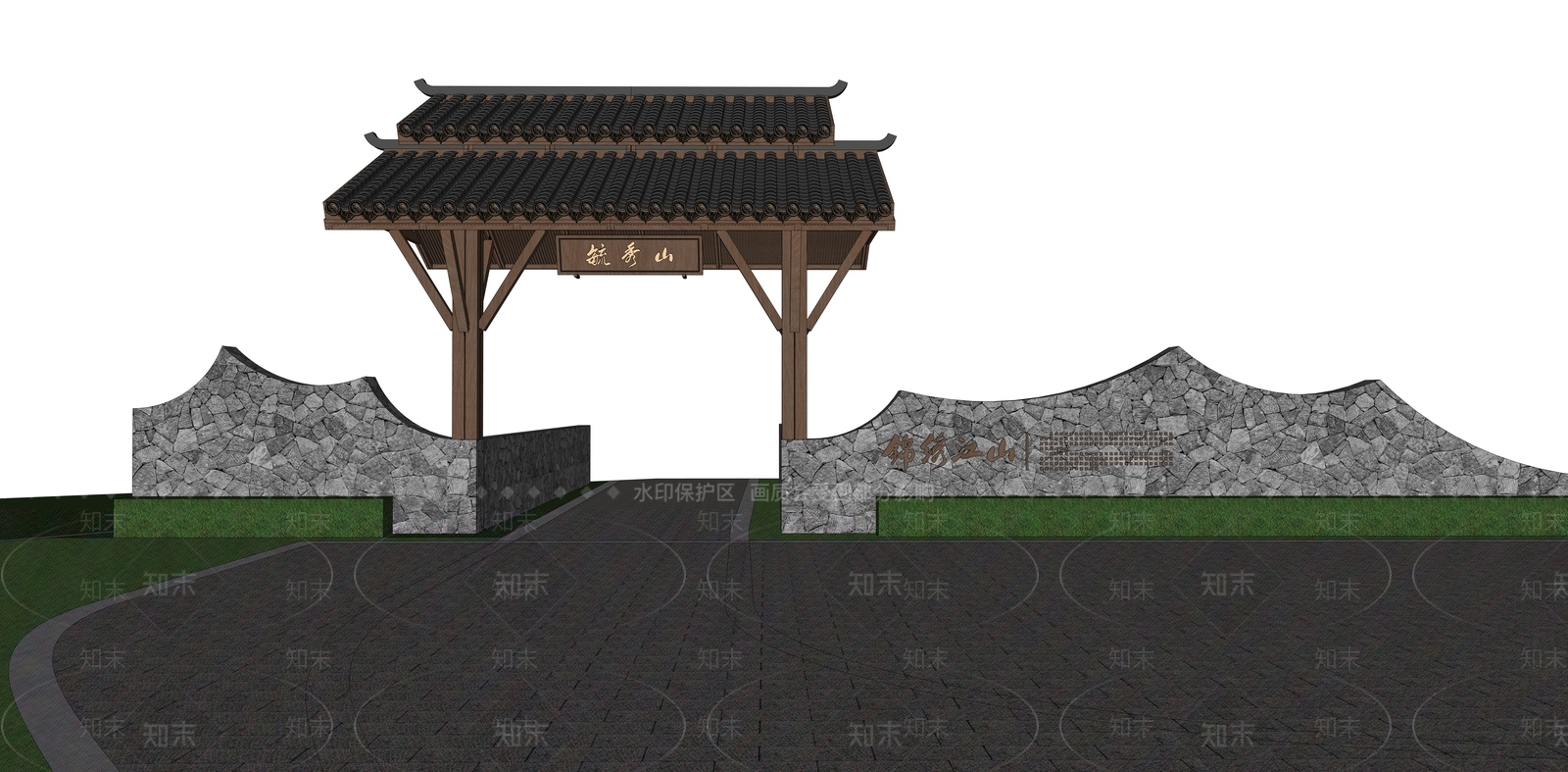 新中式入口大门SU模型下载【ID:1203136649】
