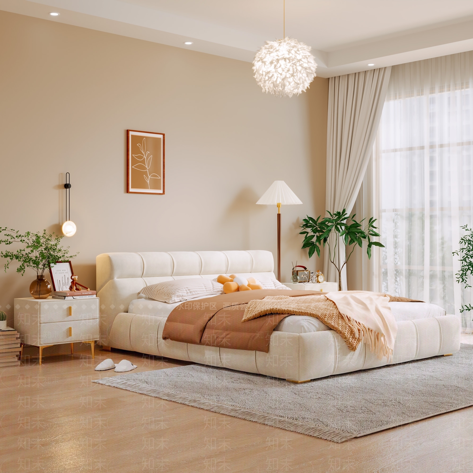 现代奶油双人床3D模型下载【ID:1203137630】