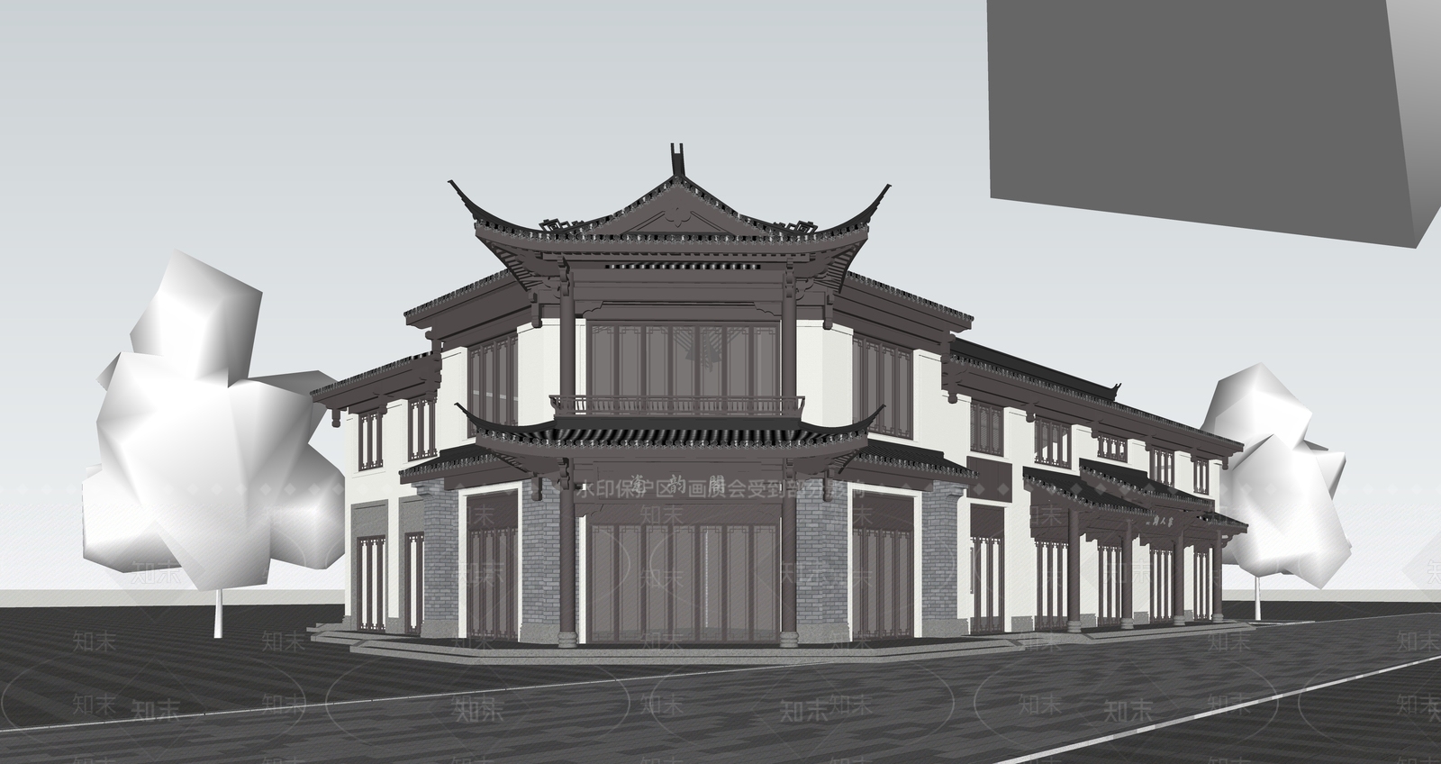 新中式现代酒店建筑SU模型下载【ID:1203165364】