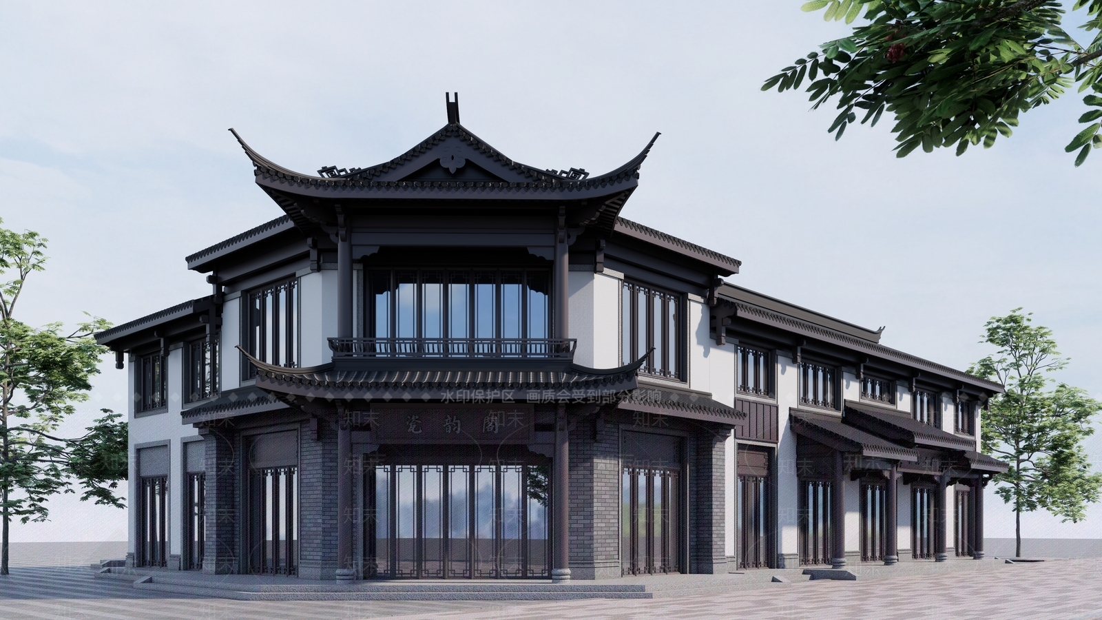 新中式现代酒店建筑SU模型下载【ID:1203165364】