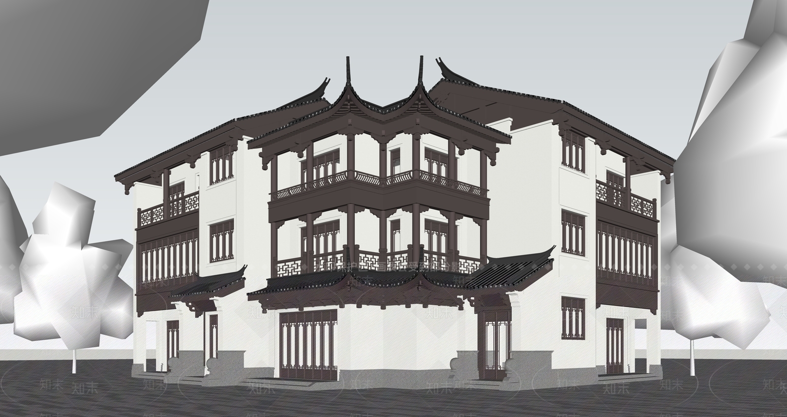 新中式现代民宿建筑SU模型下载【ID:1203165415】