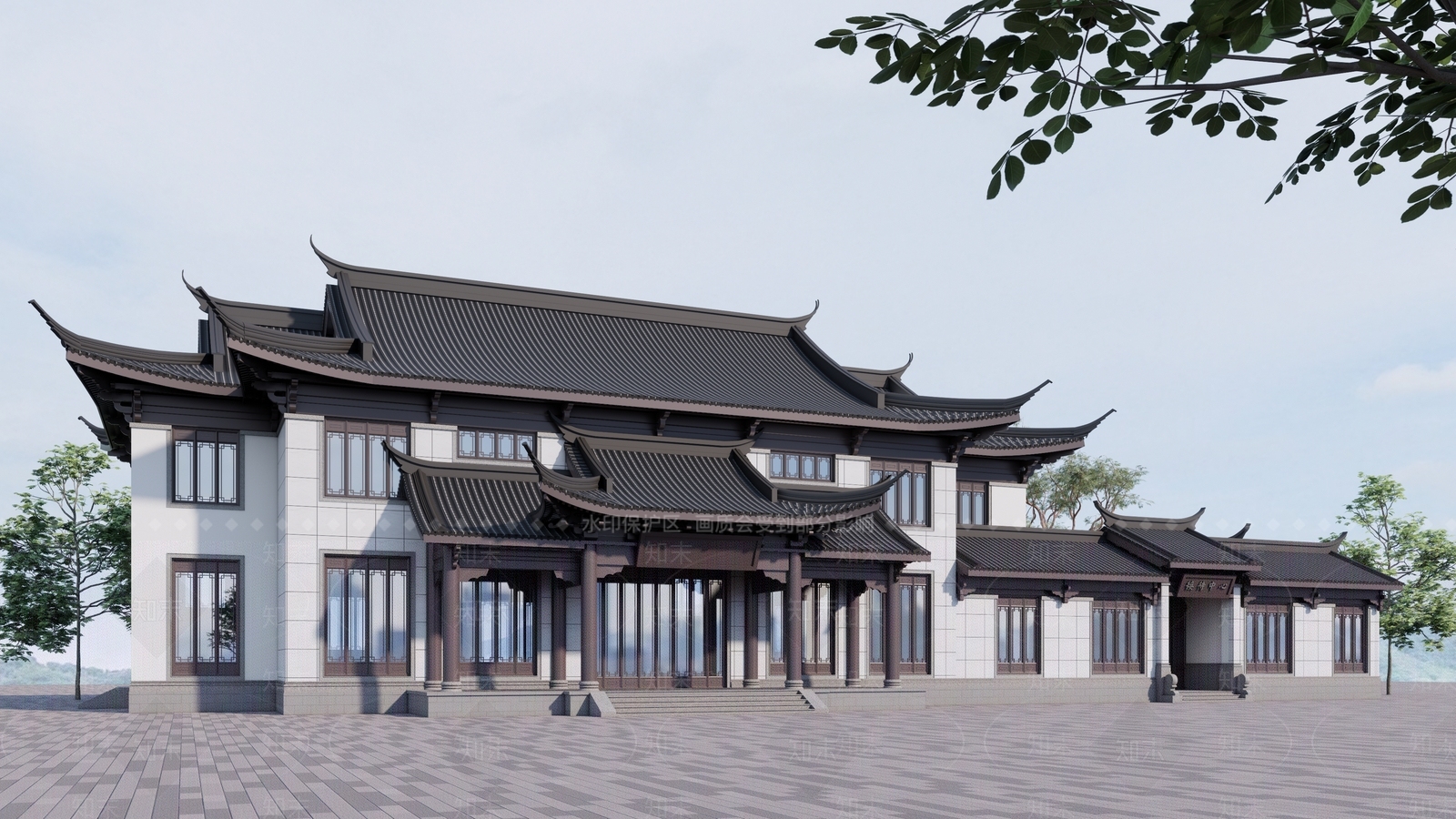 新中式现代售楼处建筑SU模型下载【ID:1203165416】