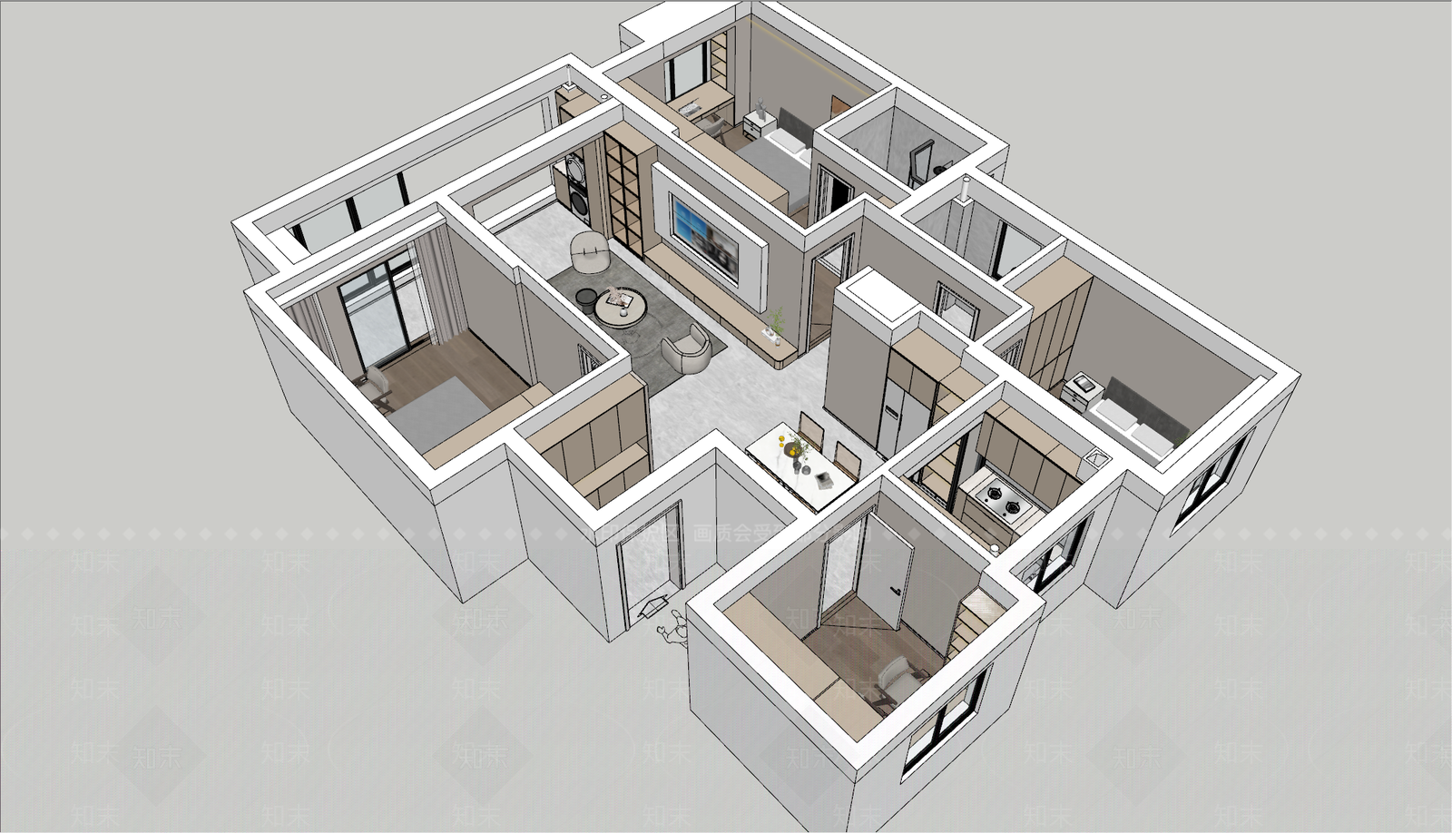 现代极简家装鸟瞰SU模型下载【ID:1203166794】