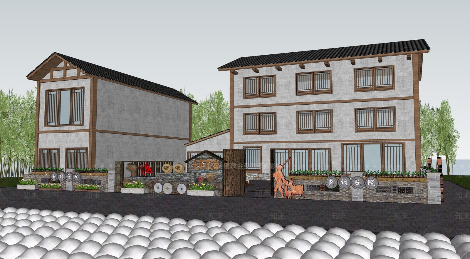 新中式乡村民房SU模型下载【ID:1203176359】