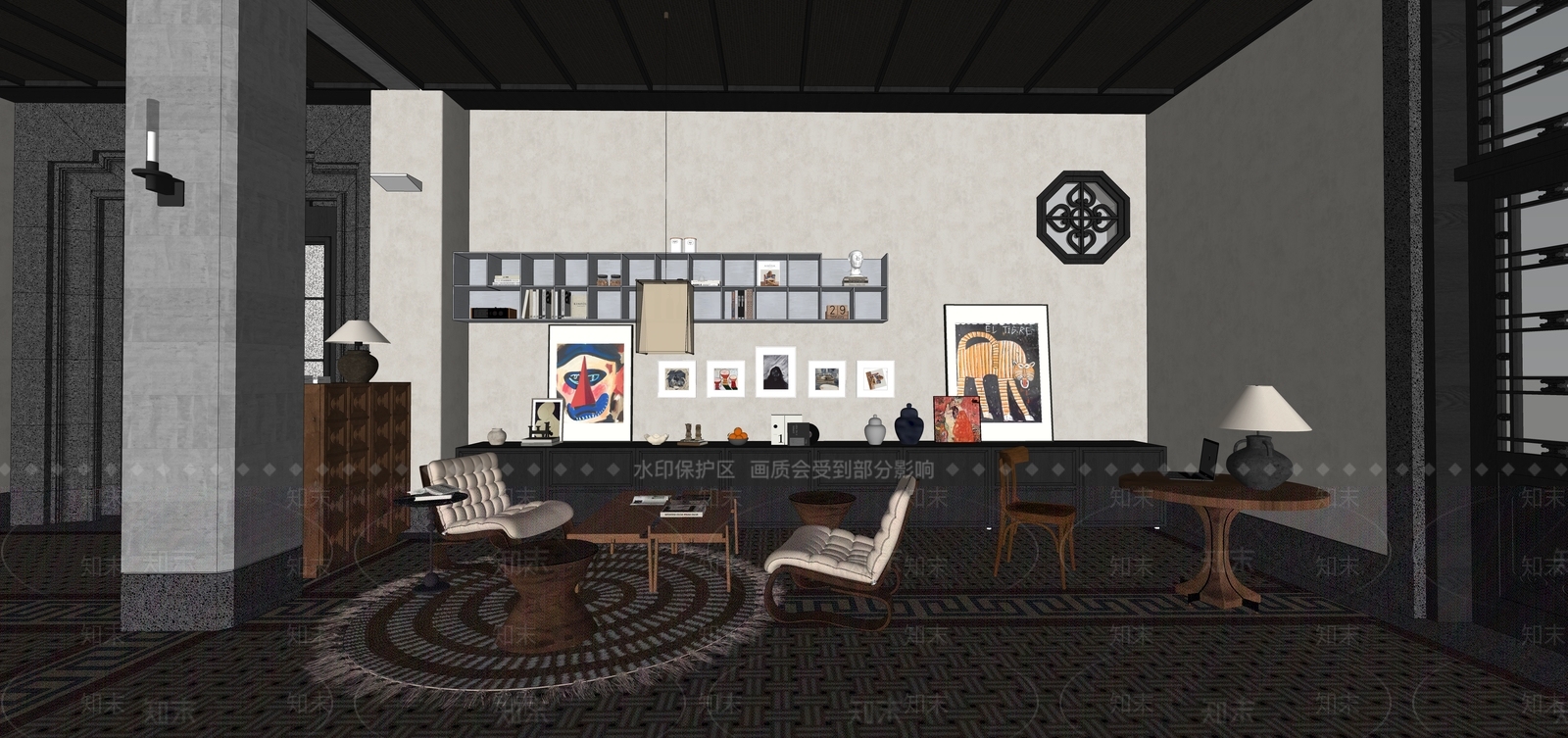 侘寂中古酒店大堂SU模型下载【ID:1203195310】
