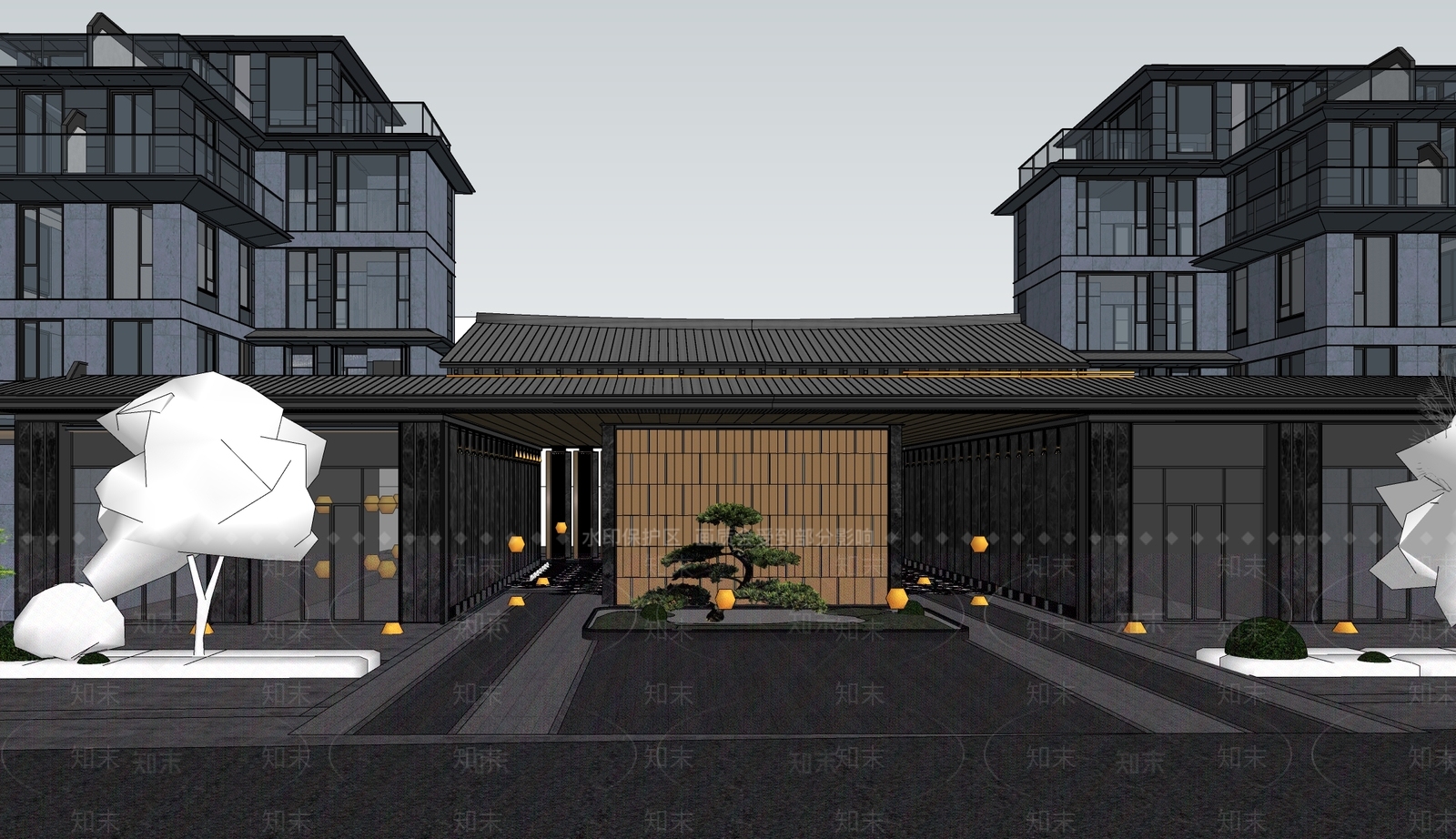 现代新中式联排别墅SU模型下载【ID:1203209981】