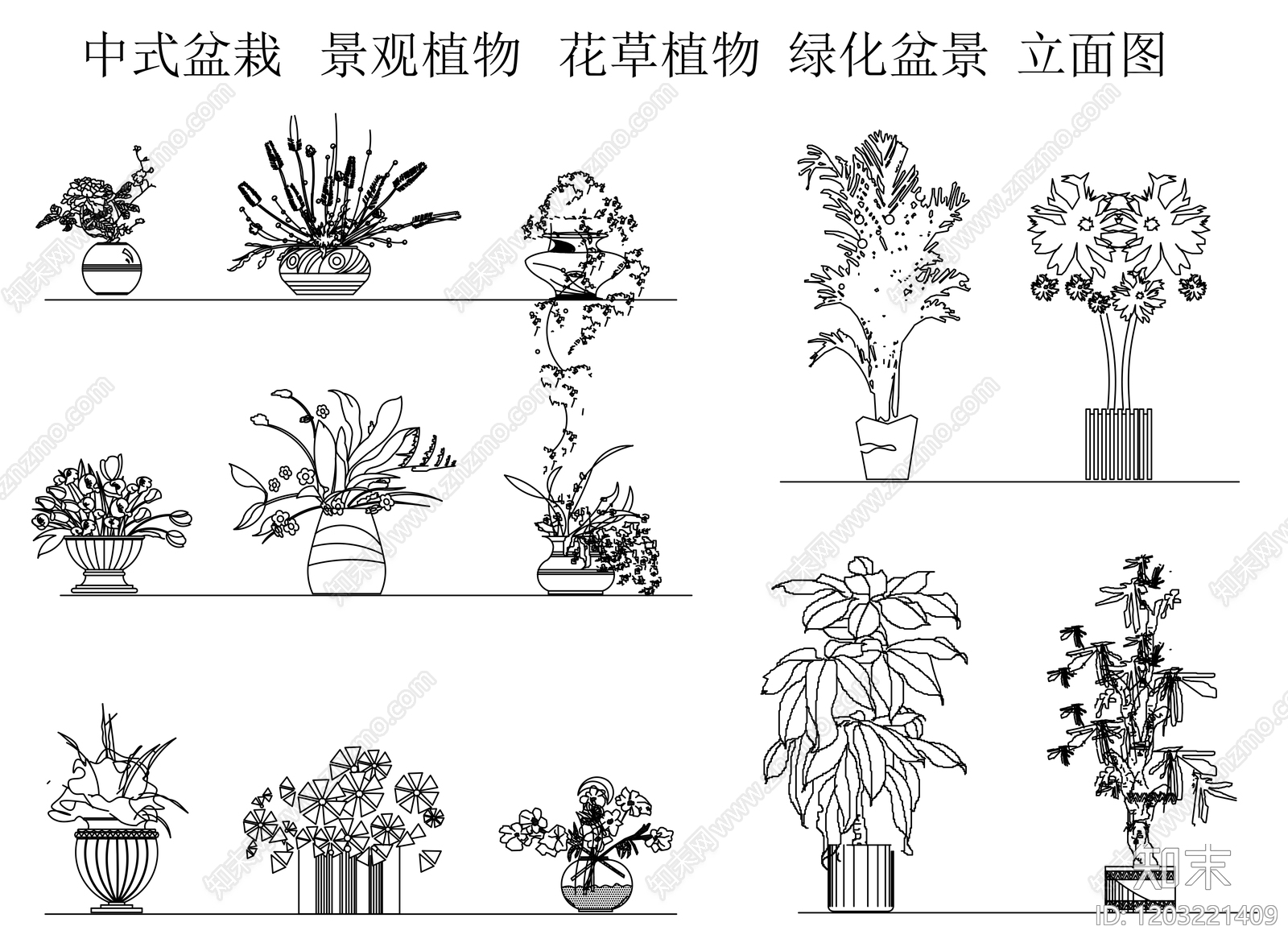 中式复古绿植施工图下载【ID:1203221409】