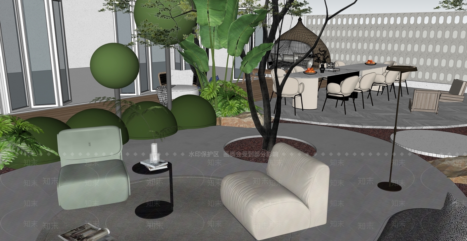 现代奶油别墅庭院SU模型下载【ID:1203224871】