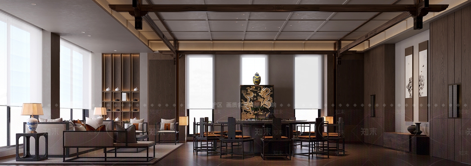 现代新中式酒店餐厅3D模型下载【ID:1203225027】